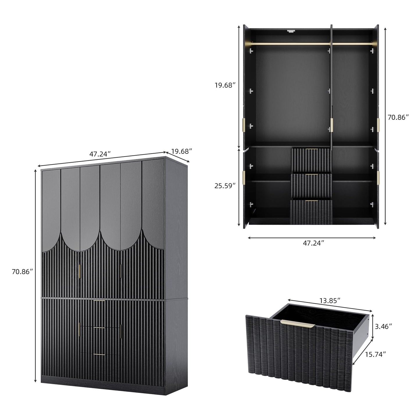 TOKSOM 71" Wardrobe Armoire Wooden Closet with 3 Doors 3 Drawer and 2 Cabinet, Bedroom Armoire with Hanging Rod Shelf, Modern Wooden Bedroom Armoire Freestanding Wood Closet Storage Cabinet