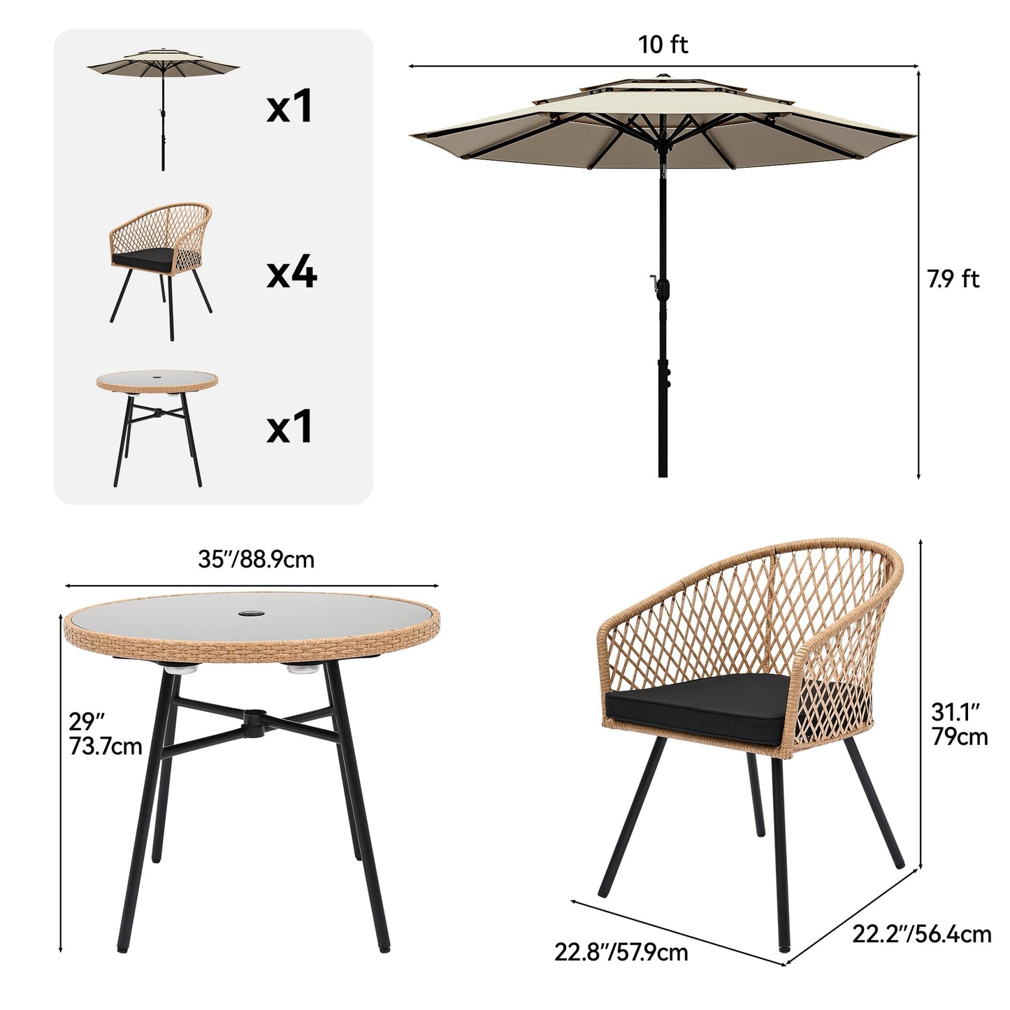 YITAHOME 6 Piece Patio Dining Set w/10ft Umbrella, 4-Person Outdoor Dining Set w/Tempered Glass Tabletop & 4 Dining Chairs, Outdoor Patio Dining Set for Deck Lawn Porch