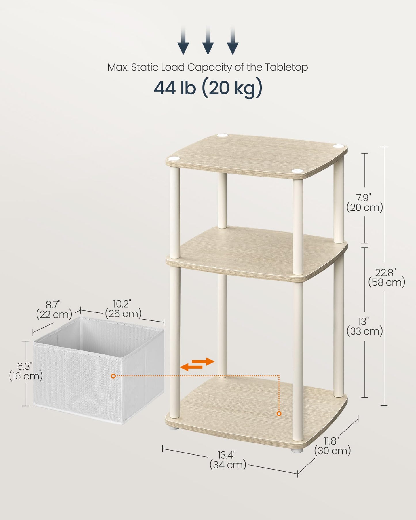 SONGMICS HOME Side Table, 3-Tier Nightstand with Storage, End Table with Fabric Basket, for Bedroom, Living Room, Steel Frame, Superfast Toolless Assembly, Modern, Natural Beige ULET286N01