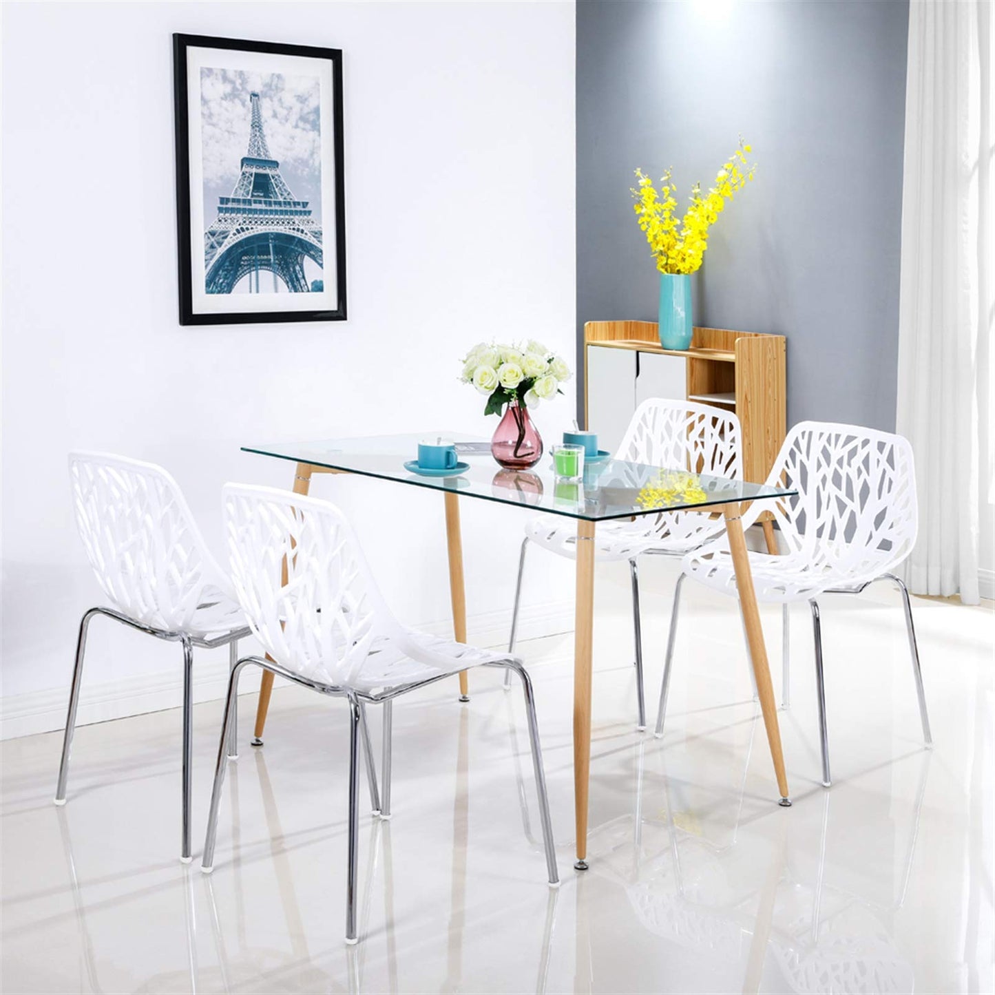 Karl home Mid Century Modern Dining Chairs Set of 4, Stackable Plastic Chair, Bird's Nest Trunk Pattern Suitable for Kitchen, Dining, Bedroom, Living Room,350lbs Capacity(White)