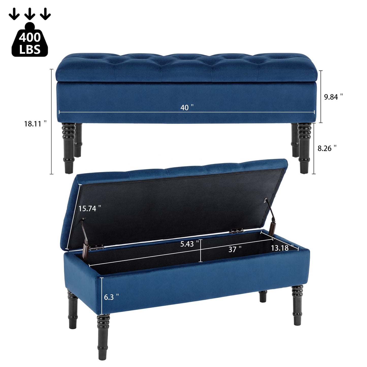 FOREDO Velvet Storage Ottoman Bench, Upholstered Storage Bench with Button Tufted, End of Bed Storage Bench, Blue
