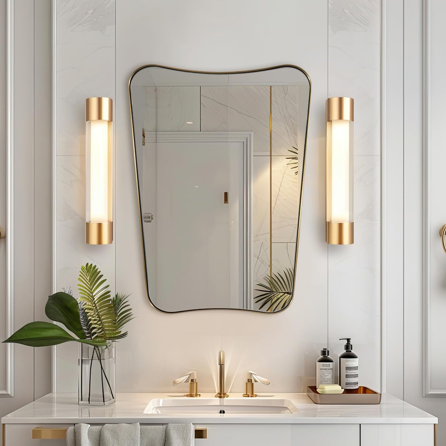 ANDY STAR Gold Vanity Mirror, 22x30 Inch Brushed Gold Bathroom Mirror, Asymmetrical Mirror in Never-Rust Stainless Steel Metal Frame, Butterfly Shape Decorative Mirror for Hallway, Living Room