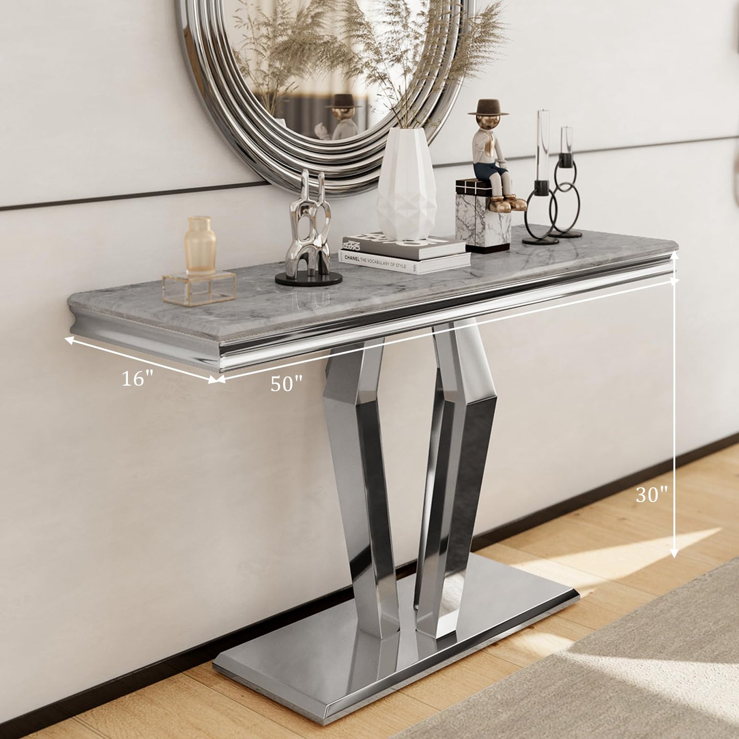 ACEDÉCOR Silver Console Table, Mirrored Sofa Table with Geometric Base, 50 inch Rectangular Grey Console Table for Entryway, Living Room, Office, Coffee Bar, Front Hall, Hallway