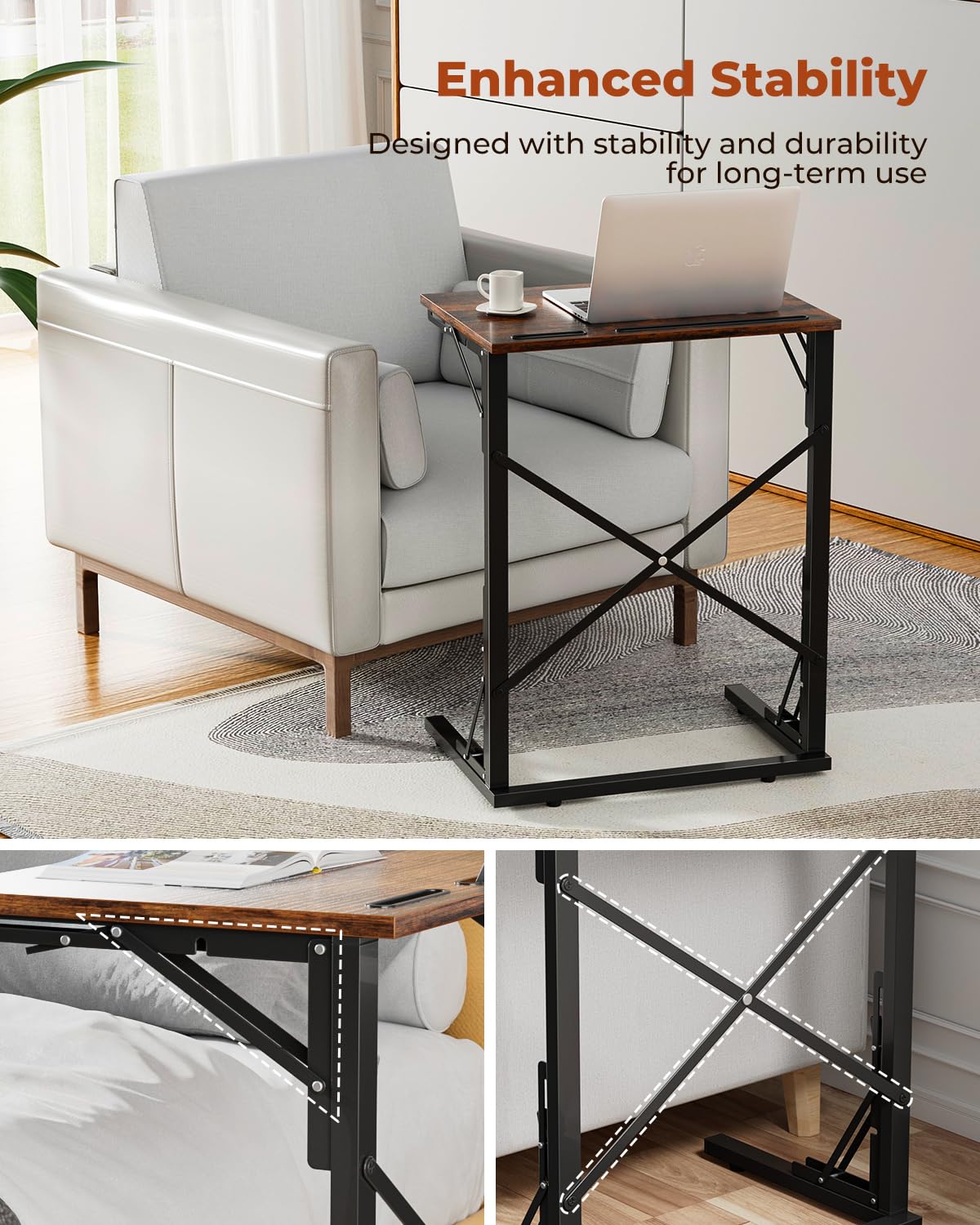 Evermagin 21''Wx28''H Folding TV Tray, Small Foldable C-Shaped End Table for Eating with Tablet and Phone Slots, Slide Under Couch Side Table for Recliner, Living Room, Bedroom, Rustic Brown
