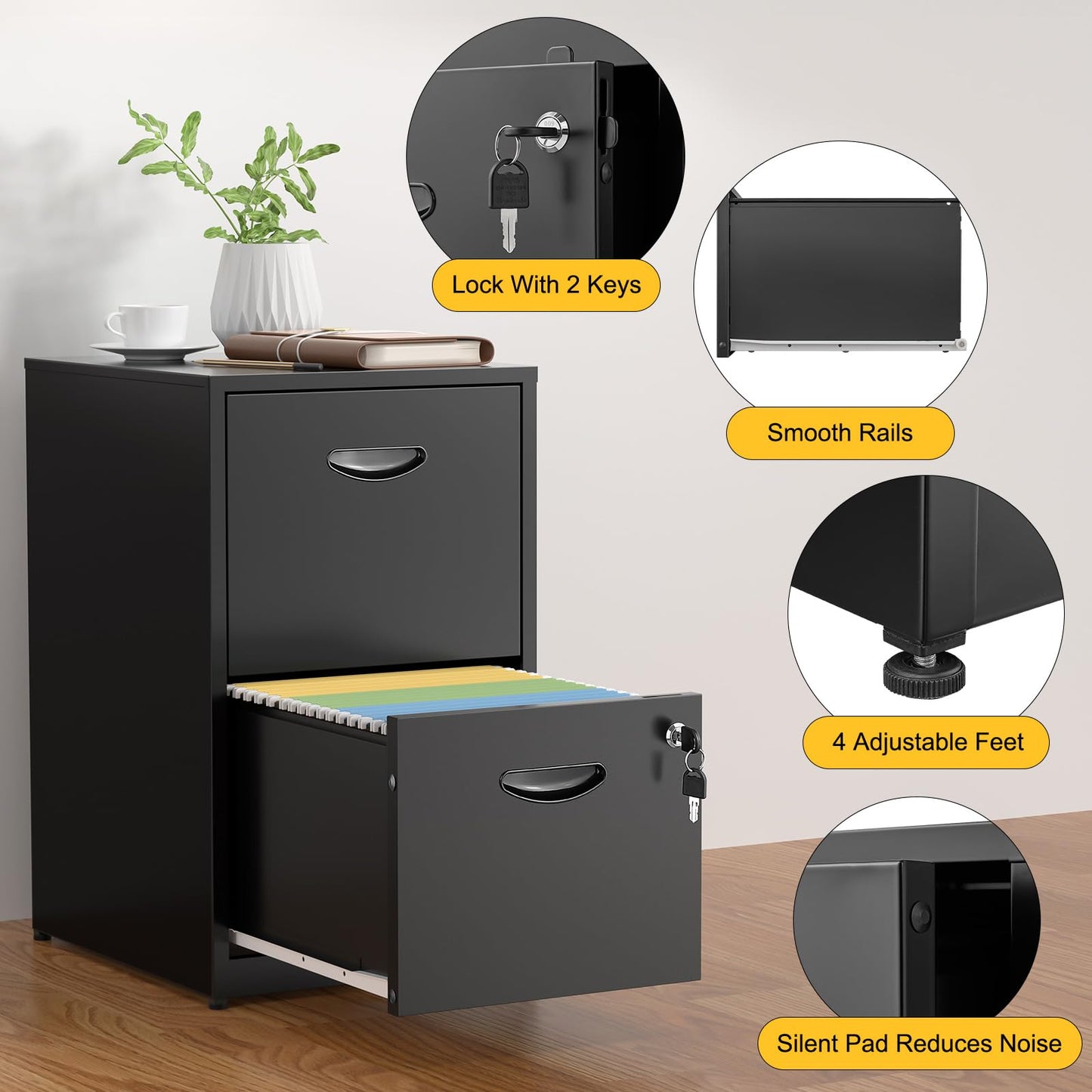 SteeLoong 2 Drawer File Cabinets,Metal Office File Cabinet with Lock,Black Filing Cabinets for Home Office,Vertical Modern File Cabinet Office Two Drawers for Hanging Letter,Assembly Required