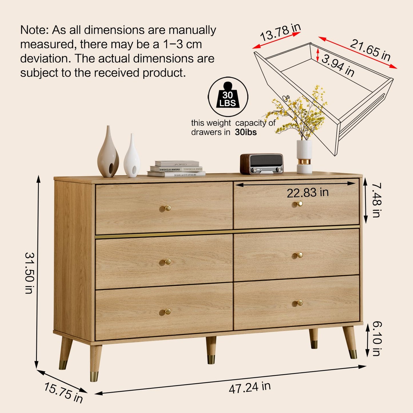 Chrangmay 6 Drawer Dresser,47" Wide Mid Century Modern Chest of Drawers,Wooden Bedroom Drawer Dresser with 6 Storage Drawers for Bedroom,Living Room,with Anti-Tipping Device,Wood