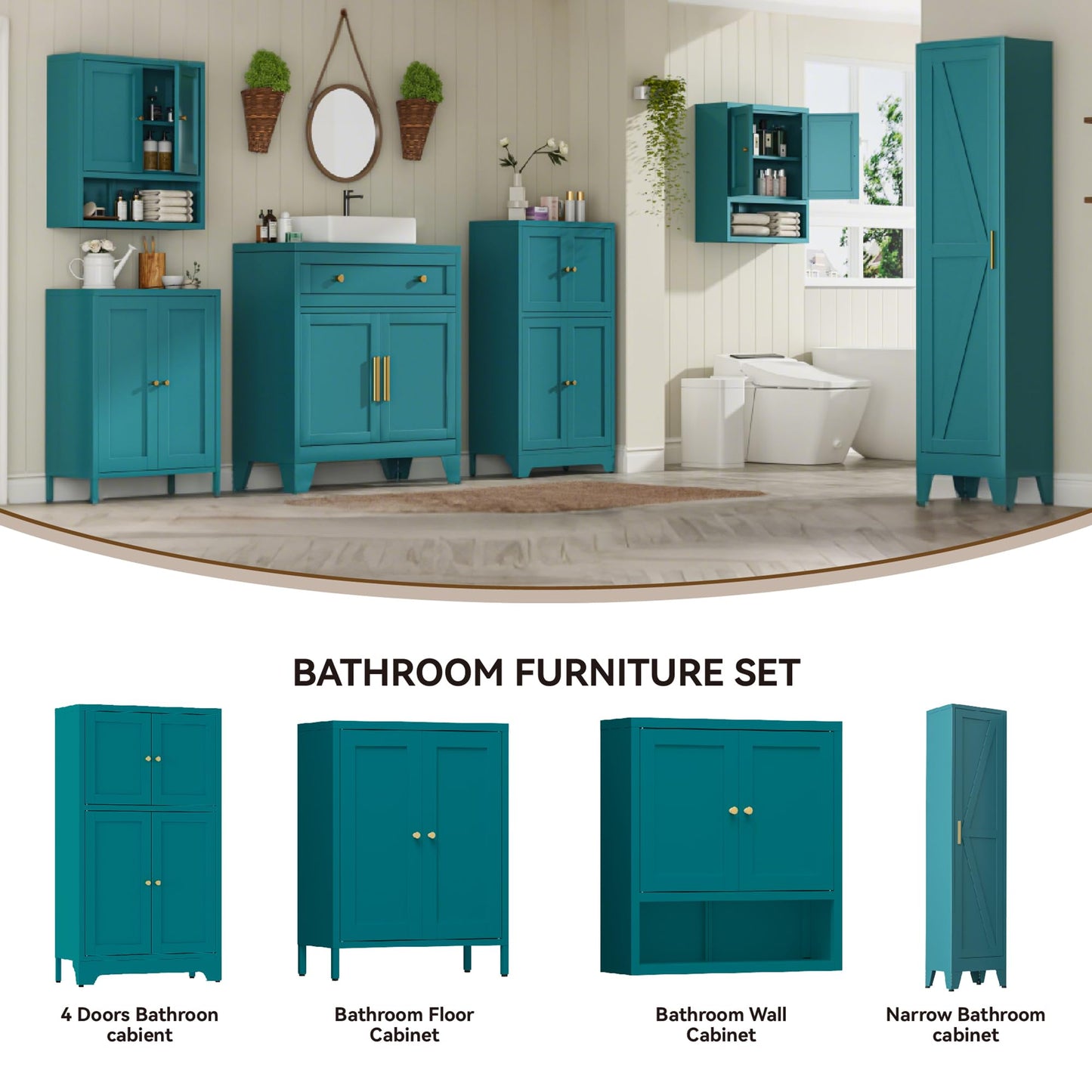 Narrow Bathroom Cabinet, Metal Storage Cabinet with 4 Adjustable Shelves and 2 Barn Doors,Tall Kitchen Pantry for Living Room, Home Office, Dining Room,Blue