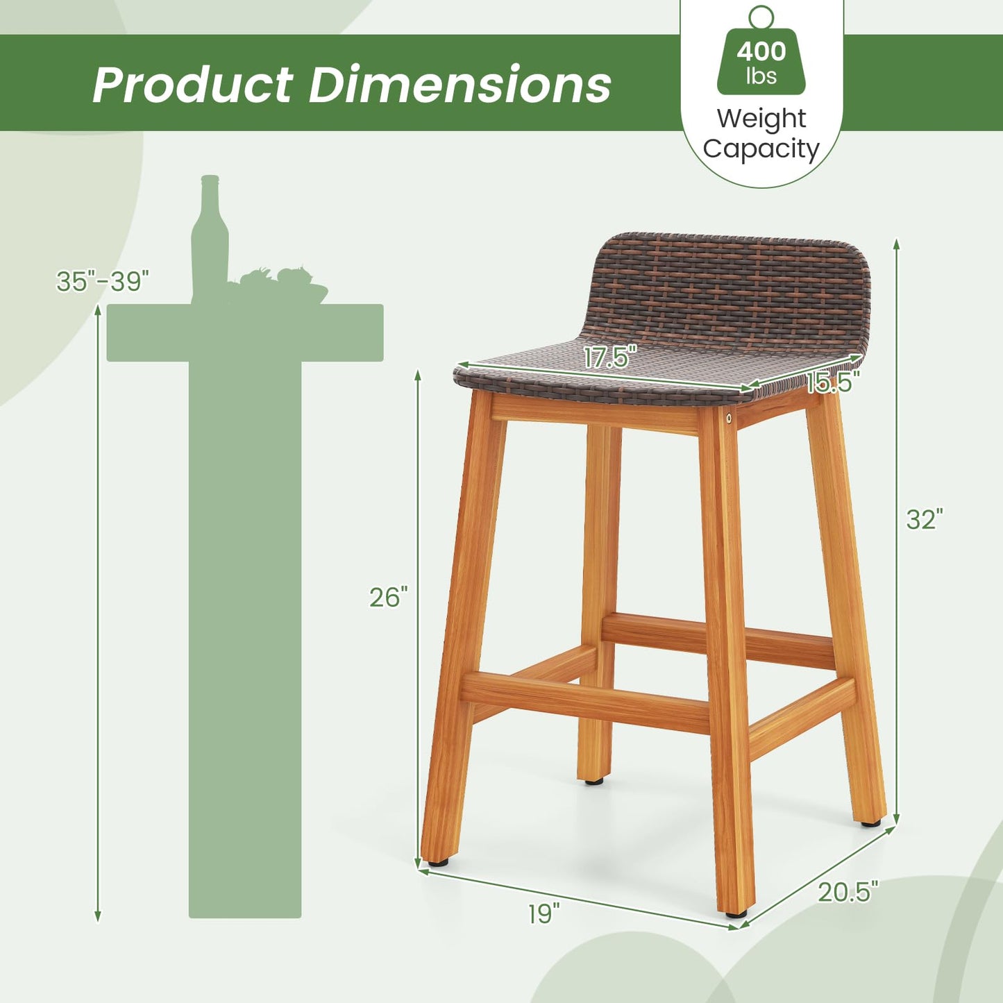 Tangkula Solid Acacia Wood Bar Stools Set of 2, Rattan Bar Height Patio Chairs with Footrests, Outdoor Seating for Porch, Balcony, Garden, Backyard (Mix Brown,1)