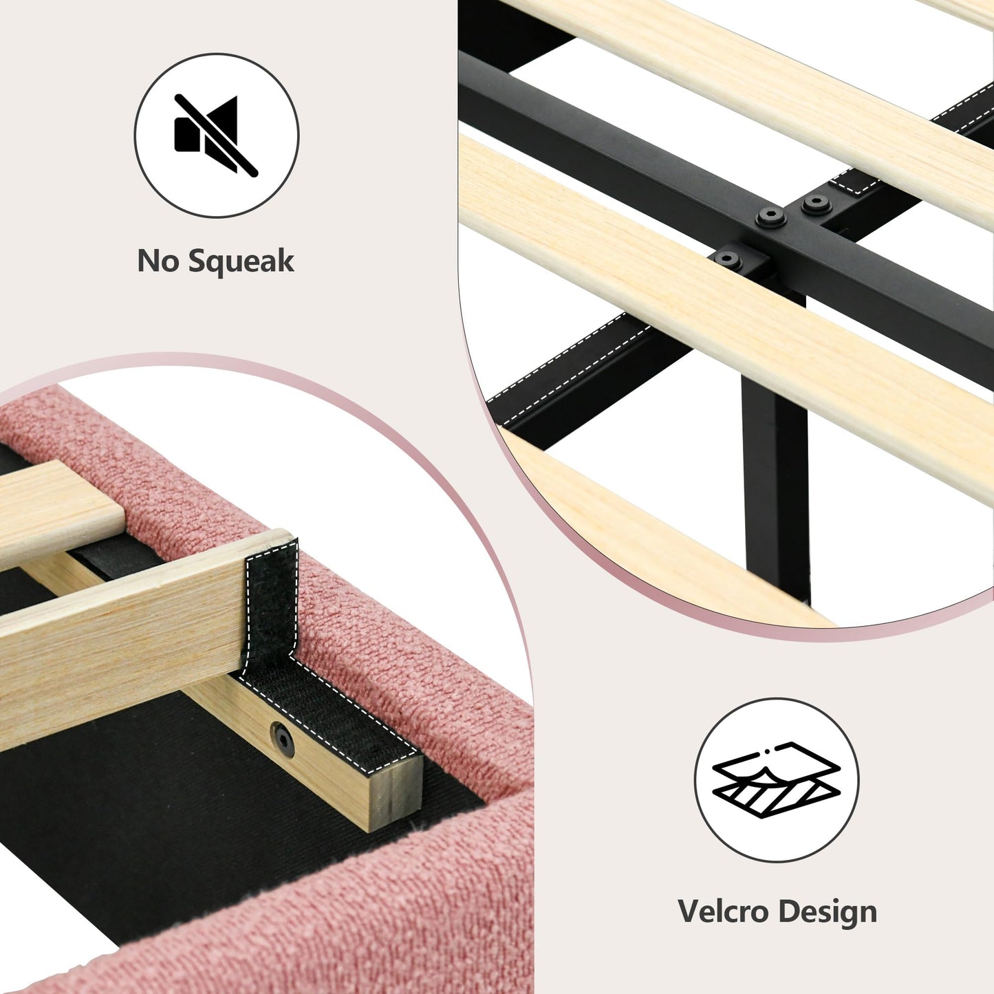 Twin Boucle Bed Frame, Boucle Upholstered Platform Bed Twin Size with Headboard, Pink Bed Frame for Girls Kids, Low Profile Bed, Rounded Corners, No Box Spring Needed, Dark Pink and Light Pink