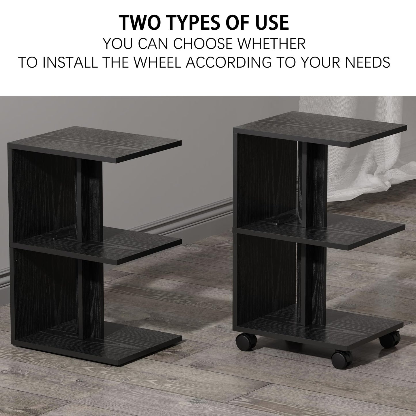 LOHDLE Set of 2 Side Table with Charging Station, 3 Tier Narrow Nightstand, End Table with USB Ports and Outlets for Small Spaces, Sofa Bedside Tables with Wheels for Living Room Bedroom(Black)