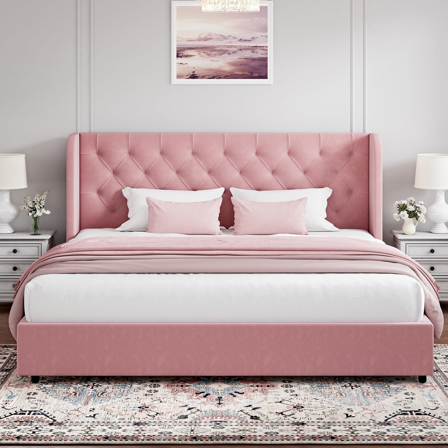 HOMBCK Pink King Size Bed Frame, Upholstered Platform Bed Frame with Velvet Tufted Headboard, Curved Wingback Design, Wooden Slats, No Box Spring, Noise Free, Easy Assembly