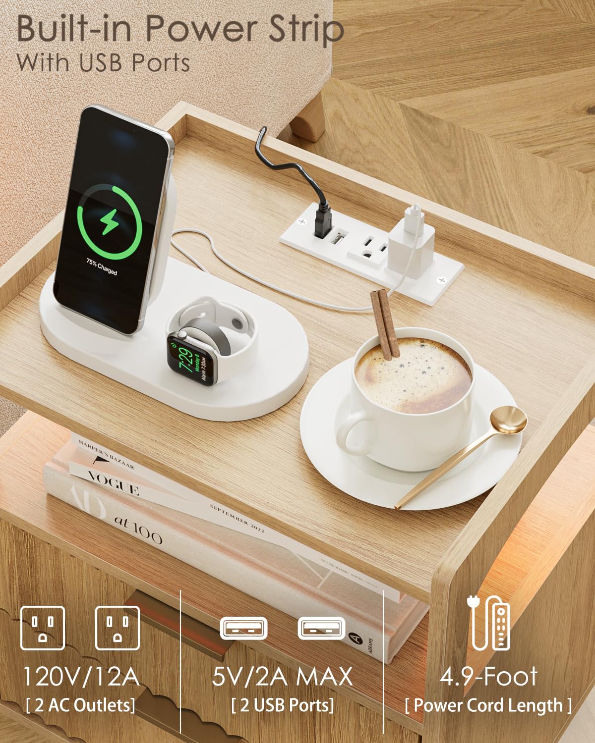 AEPOALUA Nightstand with Charging Station and LED Lights,Modern Bedside Table with 2Drawer and Open Shelf,Oak Night Stand with Solid Wood Legs,End Table for Living Room、Bedroom and Small Spaces