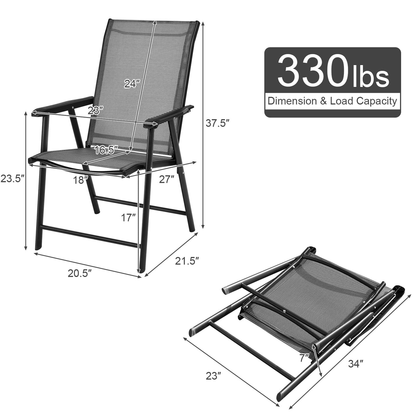 Giantex Set of 4 Folding Patio Chairs, Outdoor Portable Dining Chairs for Garden Camping Poolside Beach Deck Lawn, 4-Pack Sling Armchairs, Metal Frame, Grey