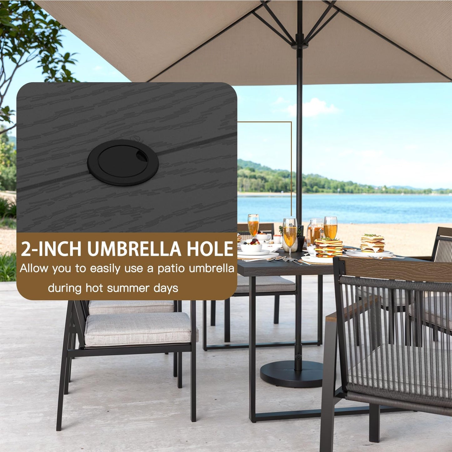 YOEEMZ 5-Piece Patio Dining Table and Chair Sets, Outdoor Metal Dining Furniture Set with Umbrella Hole, Wood Grain Tabletop, 4 Rope Patio Chairs with Faux Wood Armrest & Cushions for Backyard, Deck