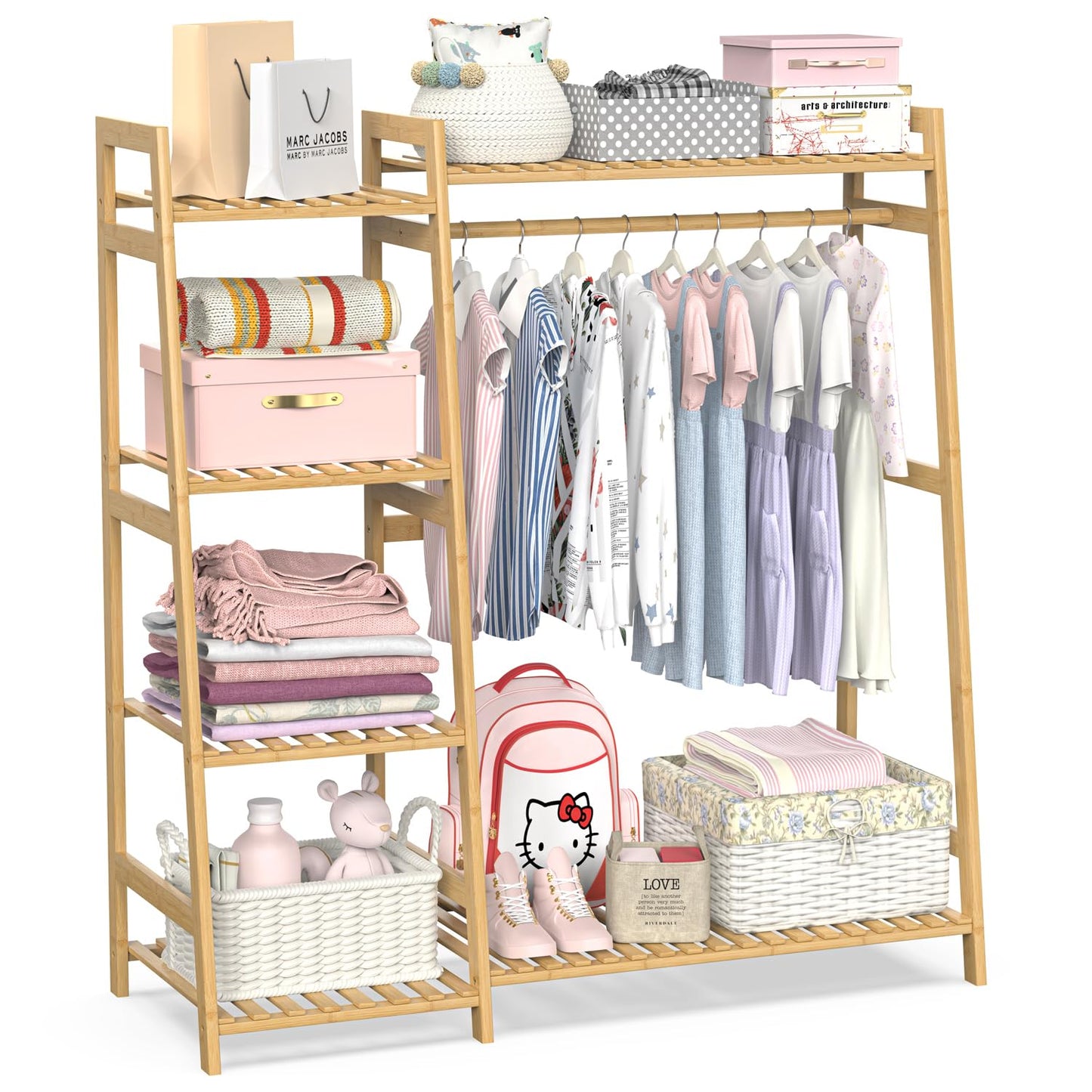 BAMBOOHOMIE Kids Clothing Rack with Shelves, Bamboo Clothes Garment Rack for Kids Child Baby, Kids Dress Up Storage Rack with Top Shelf, Toddlers Wardrobe Closet for Nursery (Medium Size)
