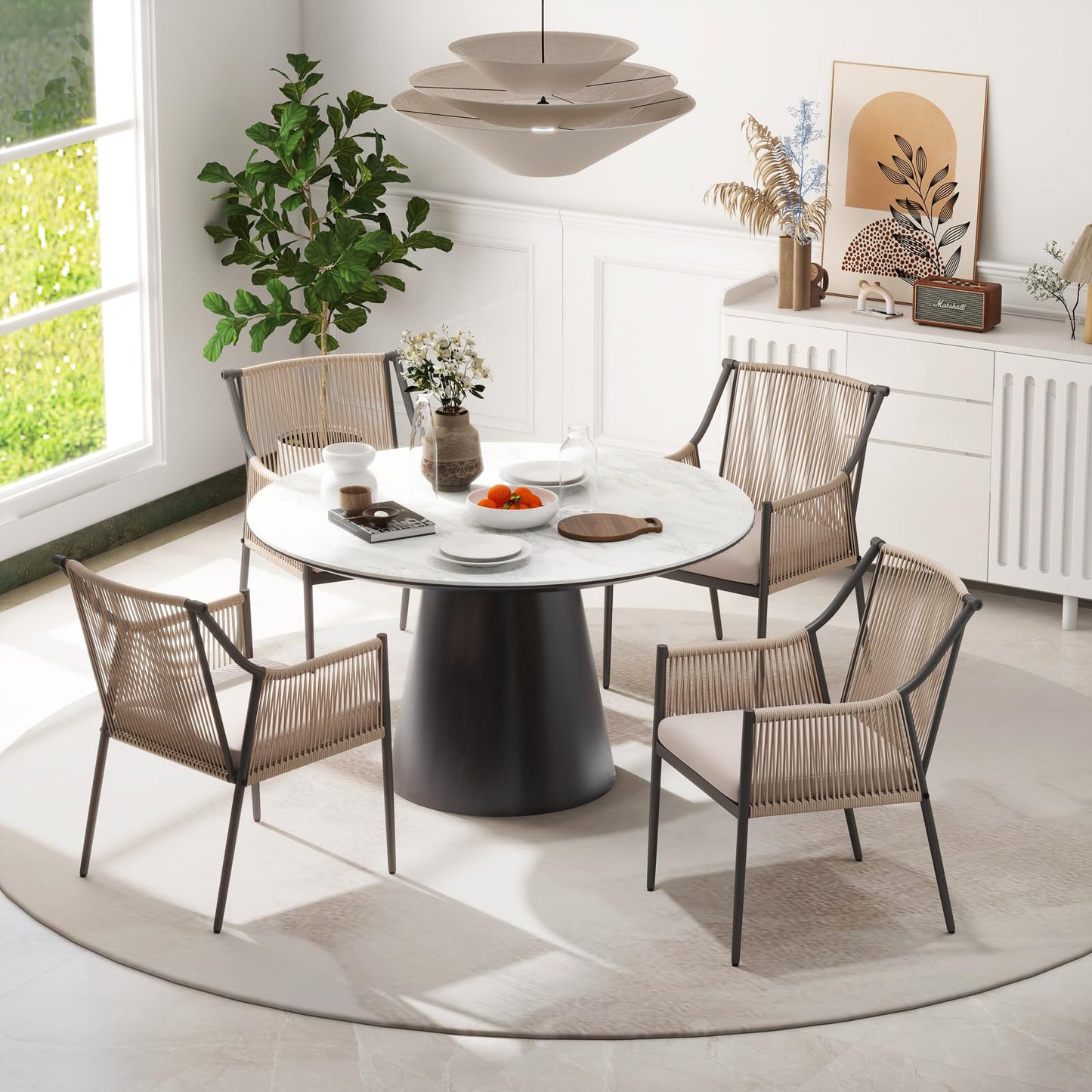 Patiorama Outdoor Dining Chairs Set of 4, Woven Rope Patio Dining Chairs, All-Weather Embossed Wicker Rattan Chairs, Outdoor Patio Chairs with Cushion & Integrated Armrest for Backyard, Light Beige