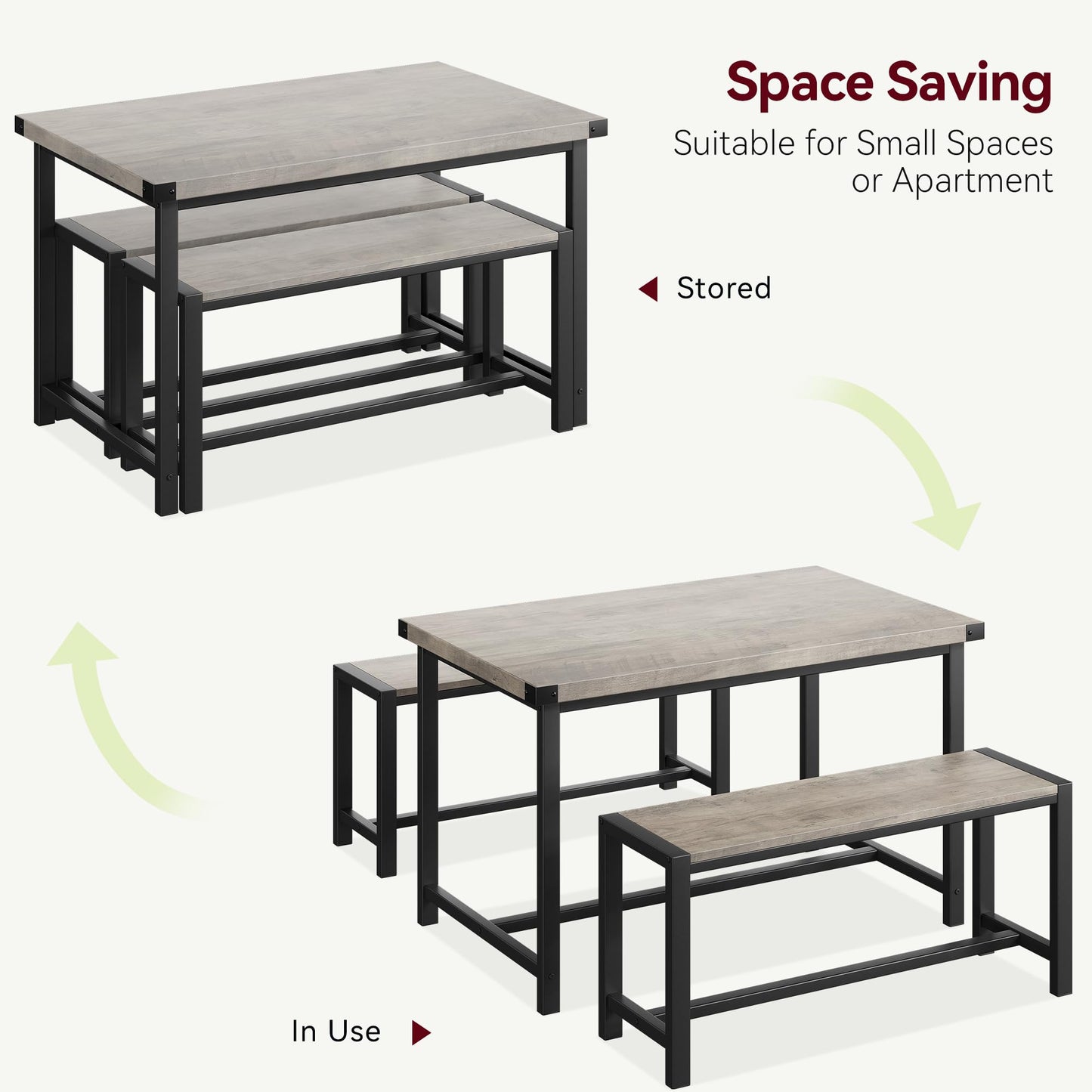 CABIHOME Dining Table and 2 Benches with Corner Protector, Dining Table Set for 4 with 2 Benches, Kitchen Table Set for 4-6 with H-Shaped Frame for Small Space, Kitchen, Apartment, Rustic Gray