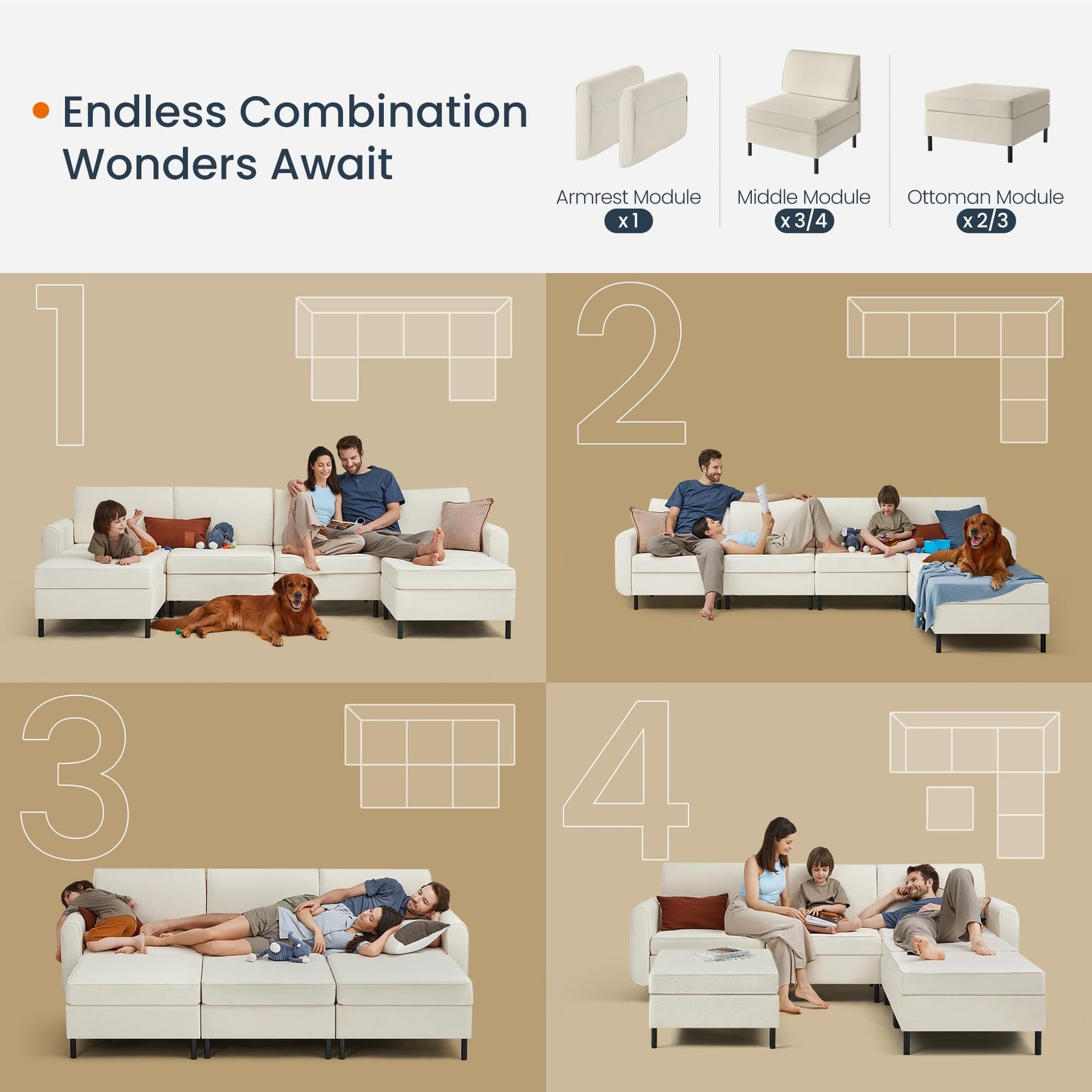 SONGMICS HOME Modular Sectional Sofa, Convertible 6-Seat U-Shaped Couch with Ottoman, Deep Seat, Sectional Couches for Living Room, Cream White ULCS064W01