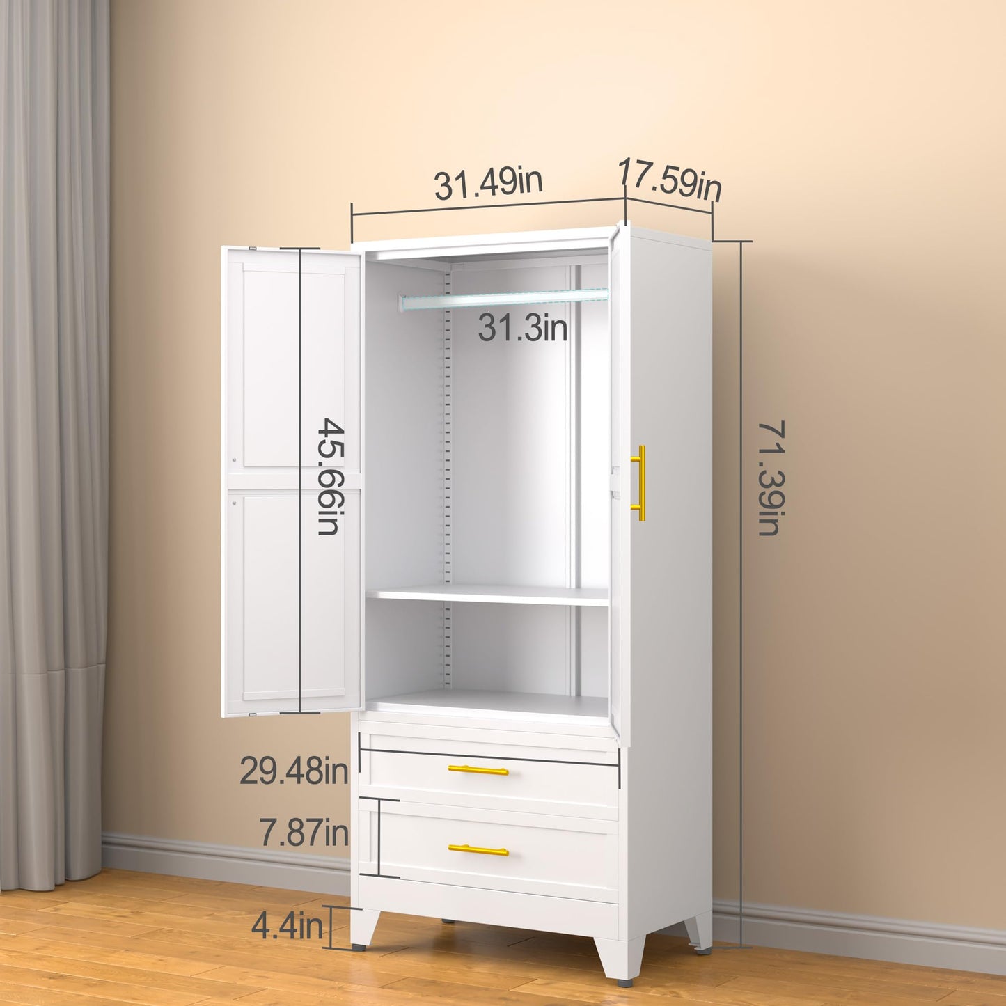 erosoei Metal Armoire Wardrobe Closet, 71 "Metal Clothing Storage Cabinet with Adjustable Shelves and Hanging Rod, Household Steel Wardrobe Storage Cabinet with Drawers (armoire-White)