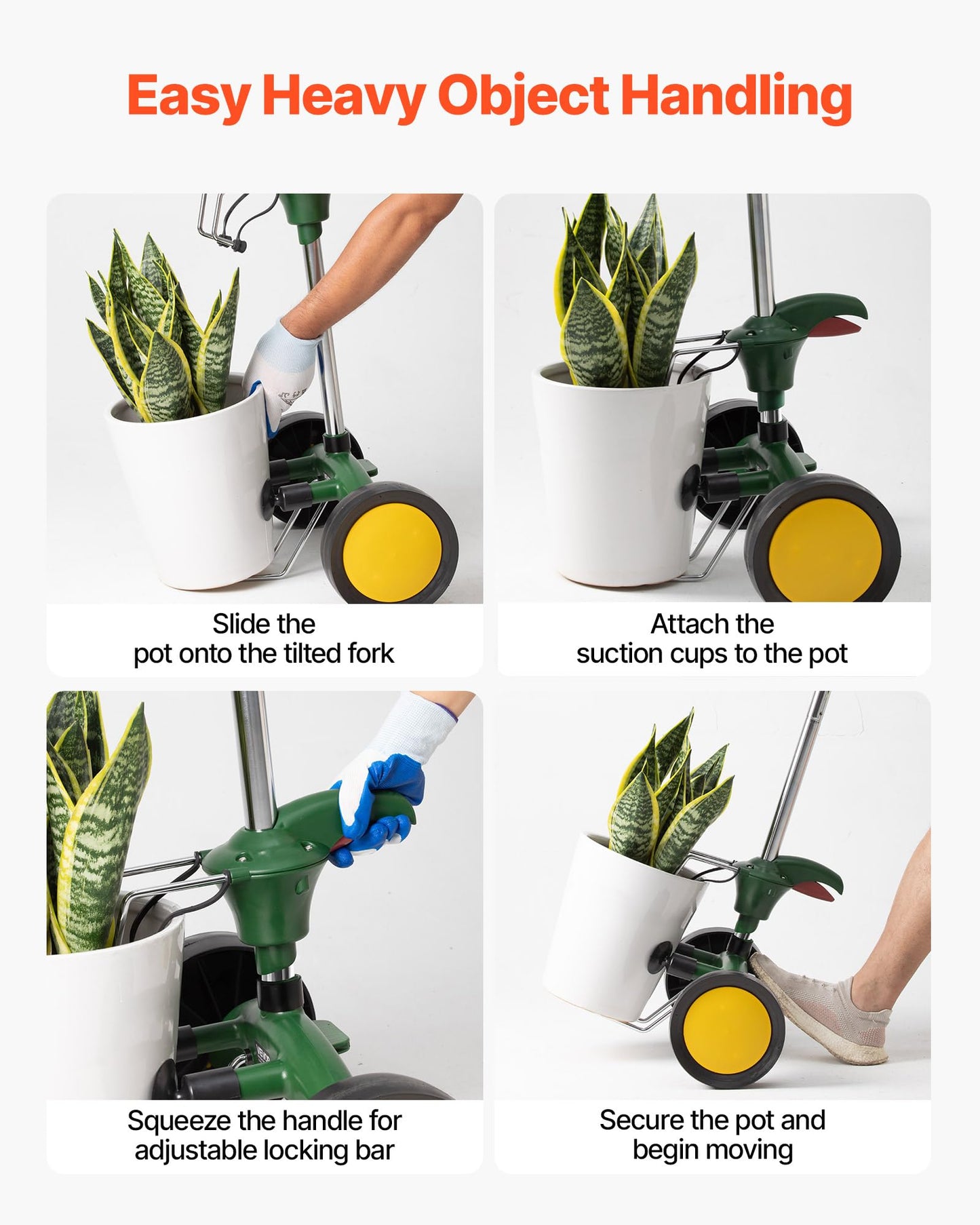 VEVOR Garden Pot Mover, Heavy Duty Plant Dolly Cart with Adjustable Grabbing Arm, Max 143 LBS Weight Capacity, Potted Plant Mover Dolly with Suction Cup and Secure Lock, Fits for Indoor & Outdoor Use