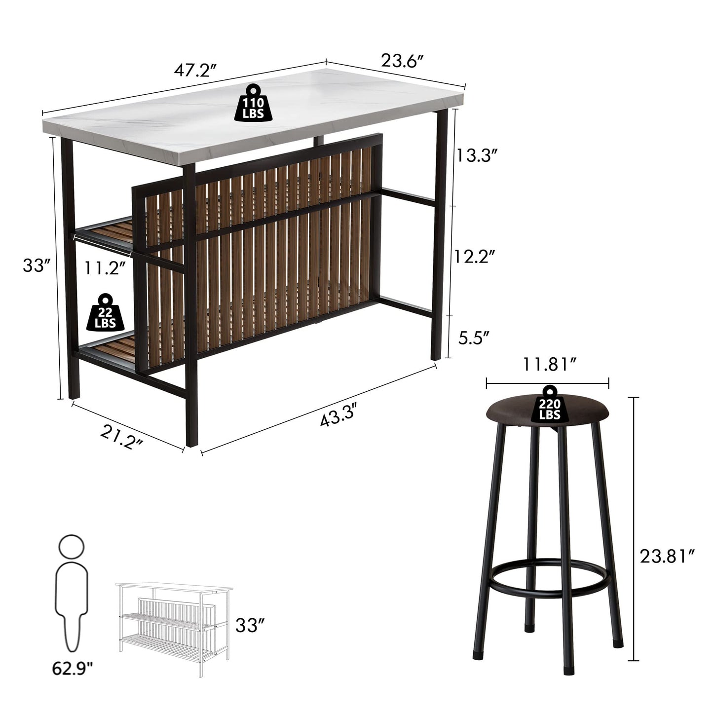 Recaceik Kitchen Island with Seating, 47.2 Inches Kitchen Island with 2 Barstool, Industrial Counter Height Table with Storage, Wooden Dining Table Set of 2 for Dining Room, Bar, Easy to Assemble