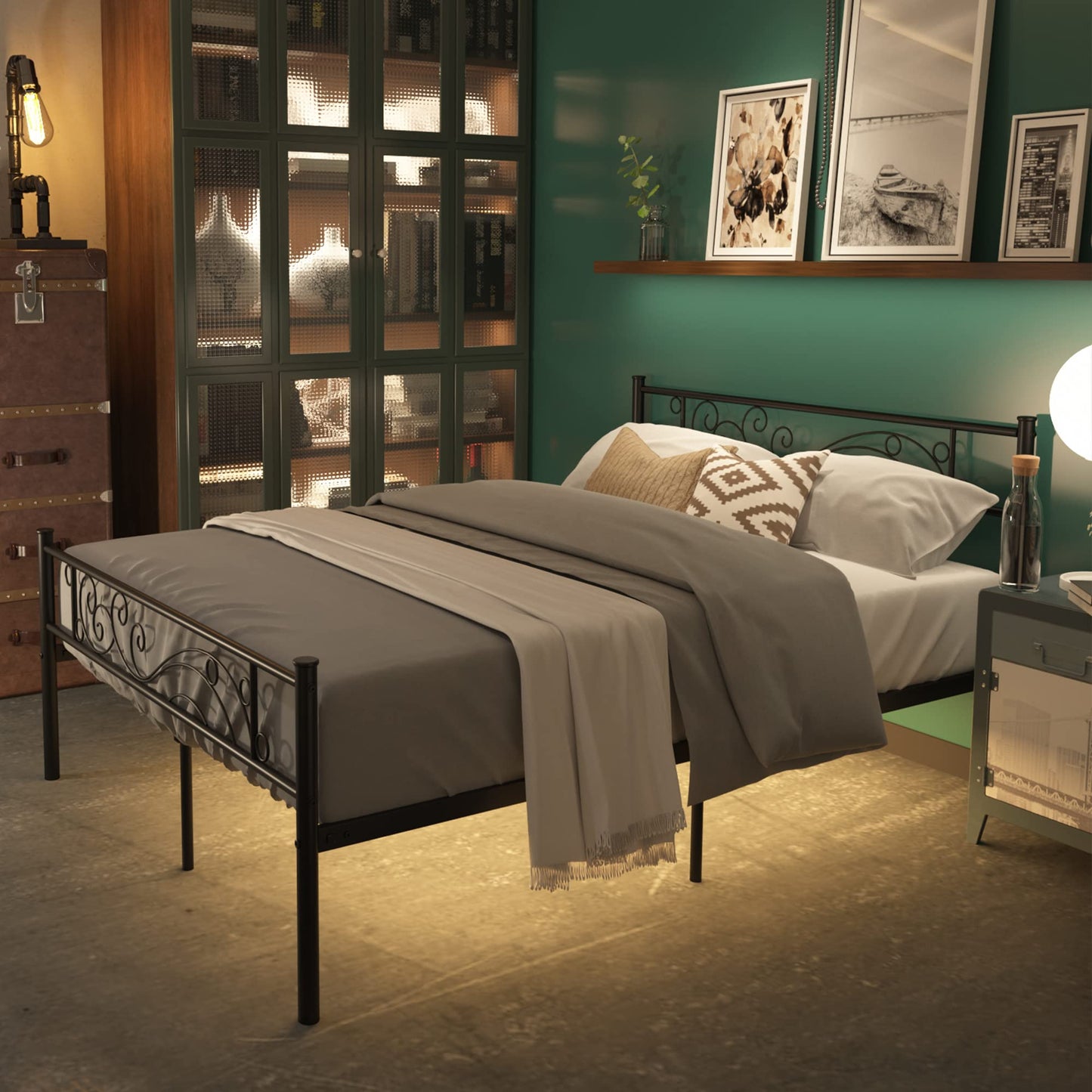 Weehom Full Size Platform Bed with Unique Flower Design Mattress Foundation Strong Metal Slats Support,Easy Assembly Black