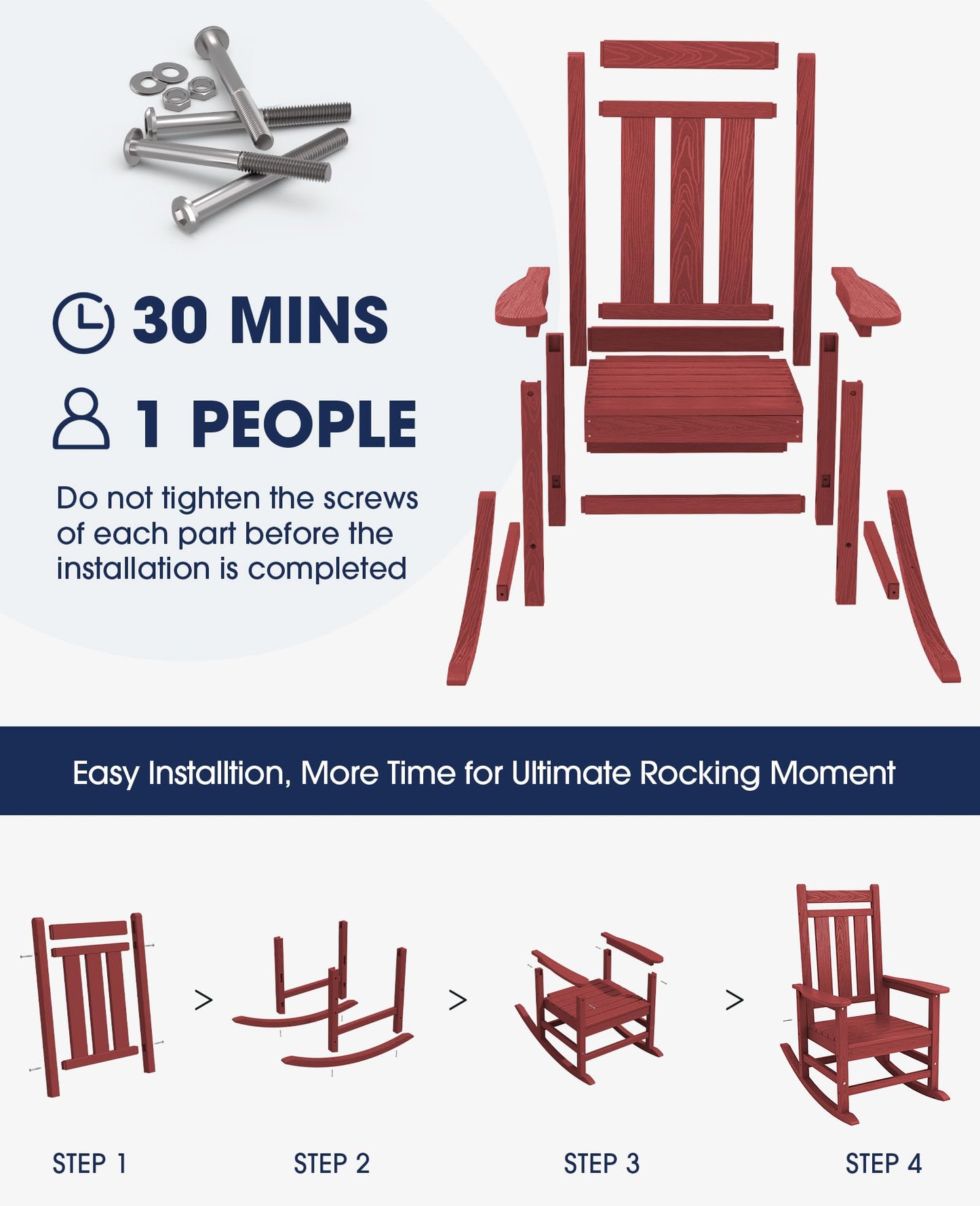 KINGYES Outdoor Patio Rocking Chair, Red
