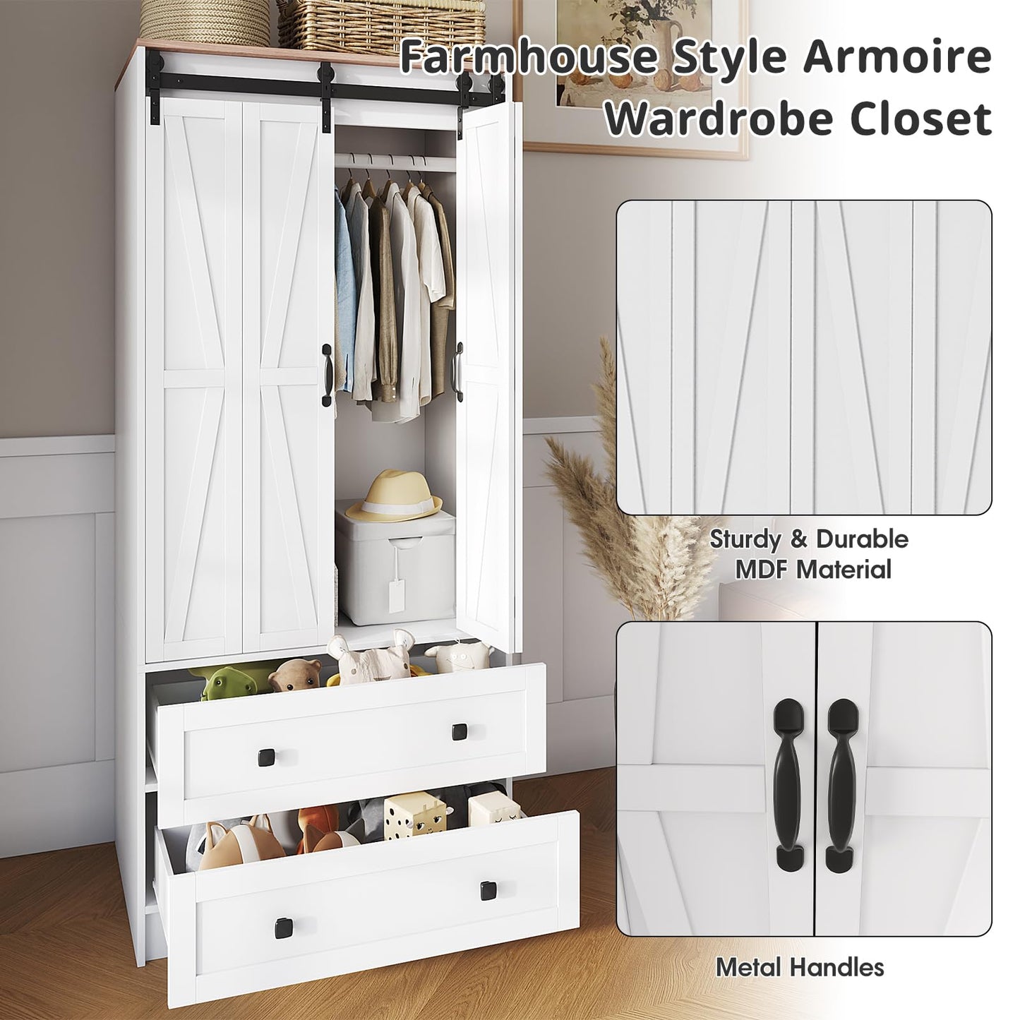 Maupvit Farmhouse Armoire with 2 Folding Sliding Barn Doors and Drawers 70.9" Tall Wooden Bedroom Wardrobe Closet with Spacious Storage Cabinet with Hanging Rod for Bedroom, White