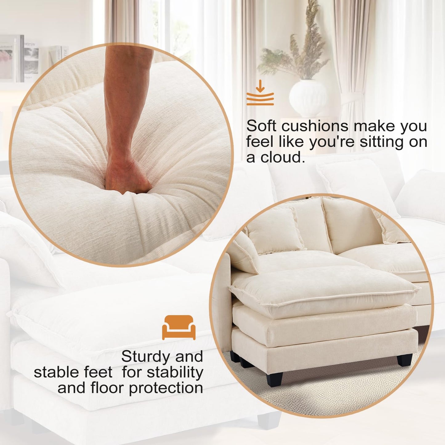 Furniliving Oversized Accent Chair with Ottoman, Luxury Chenille Single Sofa, Upholstered Deep Seat Chaise Lounge with Pillows for Living Room, Bedroom, Apartment, Beige