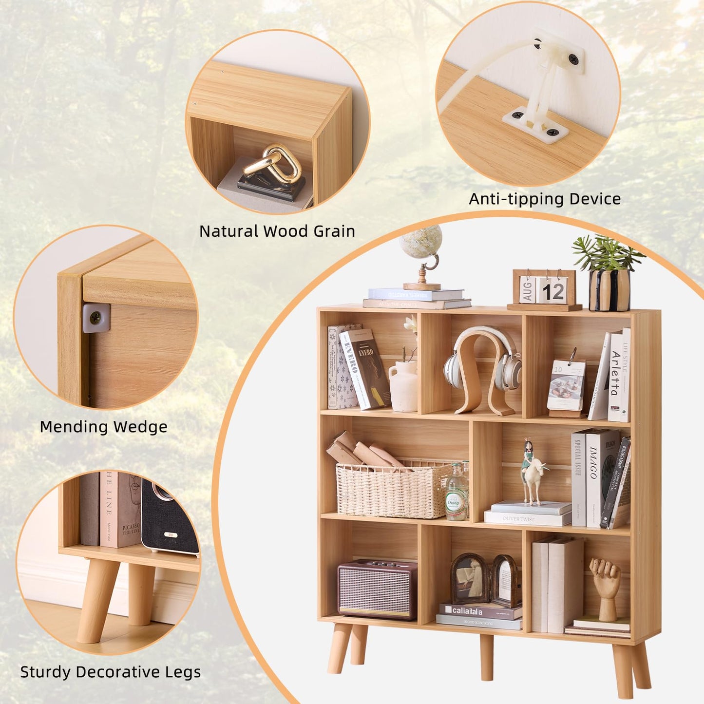 LEYAOYAO Wooden 8 Cube Book Shelf, Natural 3 Tier Bookshelf with Legs, Modern Open Storage Organizer,Boho Bookcase,Display Cabinet Shelf Free Standing Bookshelves for Bedroom,Living Room,Office