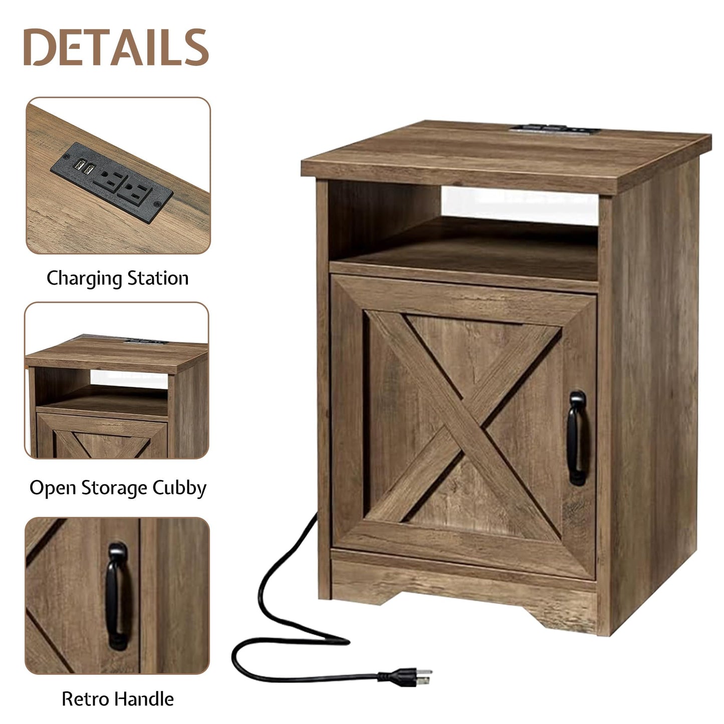 LUXOAK 3-Piece Farmhouse Living Room Table Sets, Includes 1 x Coffee Table, 2 x End Tables with Charging Station & USB Ports, Rustic Coffee Table Set of 3, Barnwood
