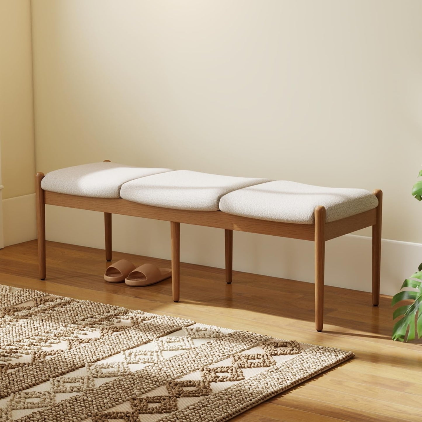 DUOMAY 55'' Modern Ottoman Bench, Chenille Upholstered Entryway Bench Bedroom Bench with Wood Legs, End of Bed Bench for Bedroom, Living Room, Corners, Kitchen, Beige