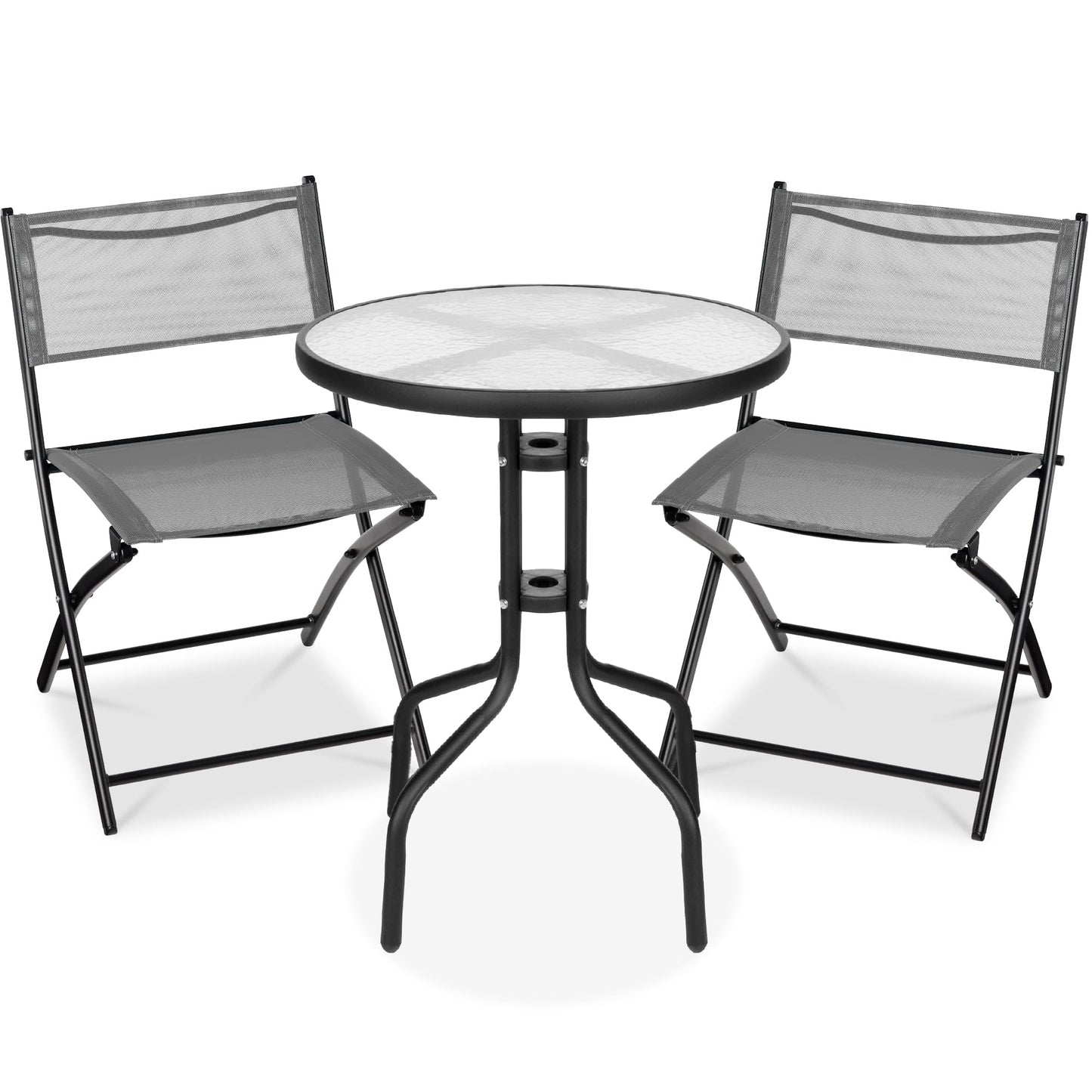 Best Choice Products 3-Piece Patio Bistro Dining Furniture Set w/Glass Tabletop, 2 Folding Chairs, Steel Frame, Polyester Fabric - Gray