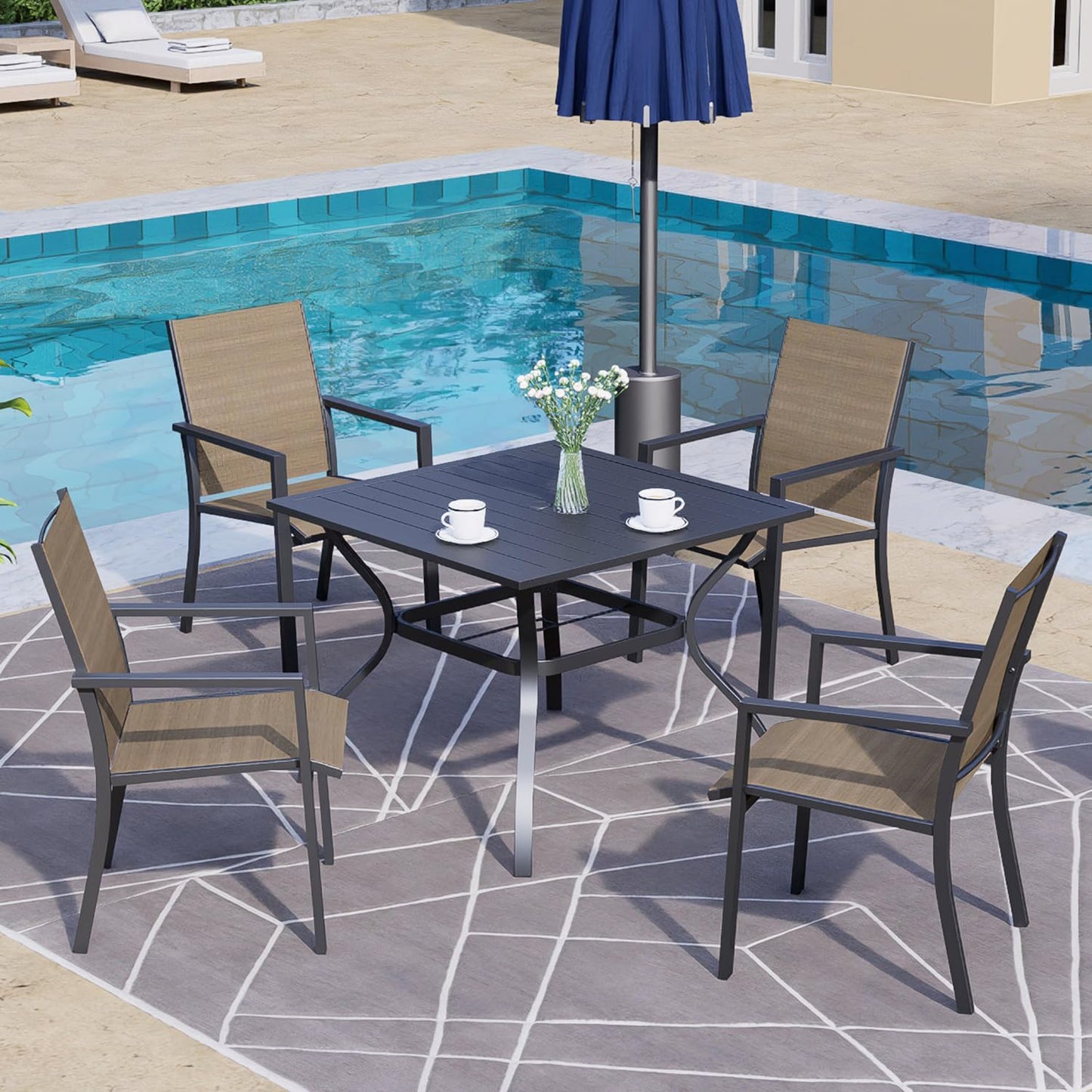 Anmutig 5 Piece Patio Dining Set for 4, 35” Square Table with Umbrella Hole, 4 Metal Sling Chairs, Outdoor Table and Chairs Set for Lawn Backyard and Deck Brown
