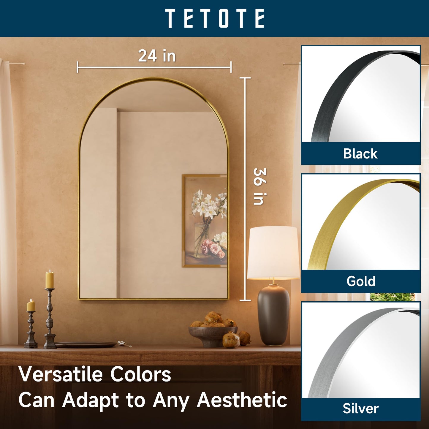 TETOTE Gold Arched Mirror for Bathroom, 24 x 36 Brushed Gold Metal Framed Arch Bathroom Mirror, Tempered Glass Decorative Rustic Wall Mirror for Fireplace, Entryway, Living Room