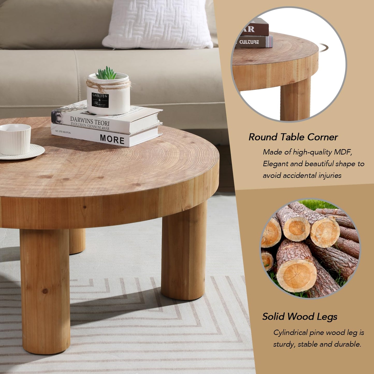 RUSTOWN 2-Piece Round Farmhouse Coffee Table, Rustic Coffee Table Sets, Circle Wooden Ring Finish with Solid Wood Legs, Center Tables Set for Living Room (Natural)