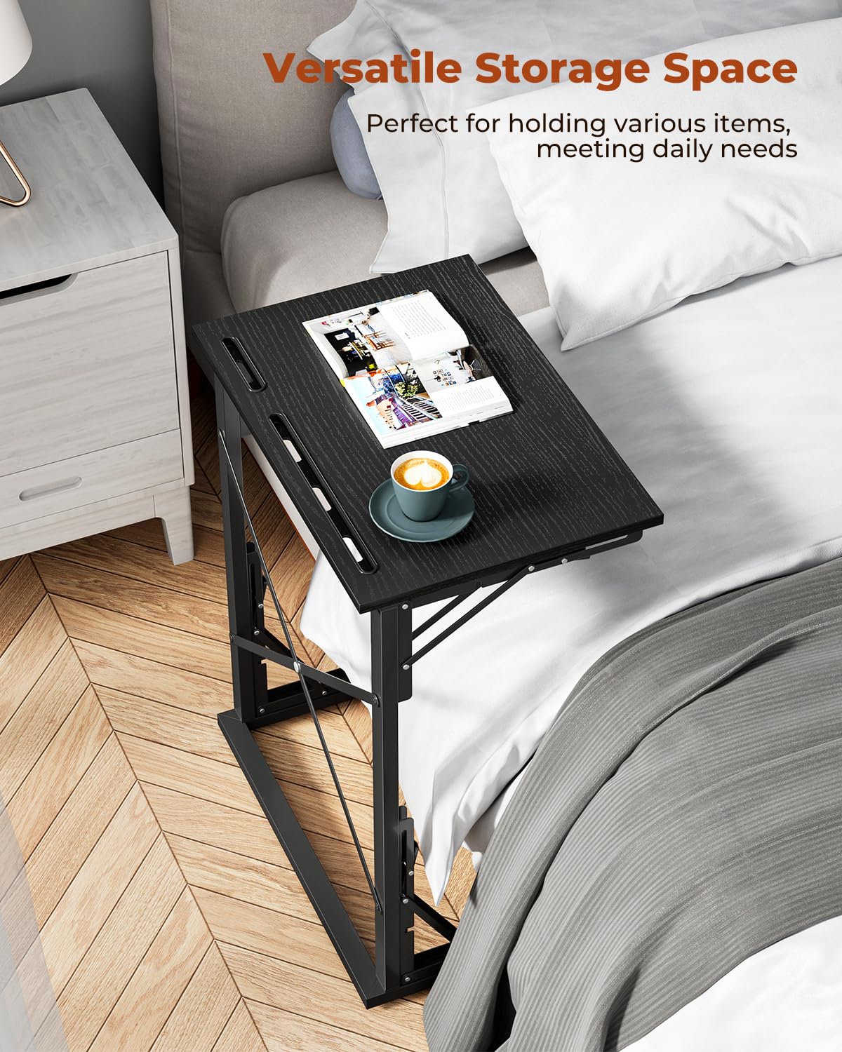 Evermagin 21''Wx28''H TV Tray Set of 2, Small Foldable C-Shaped End Table for Eating with Tablet and Phone Slots, Slide Under Couch Side Table for Recliner, Living Room, Bedroom, Black