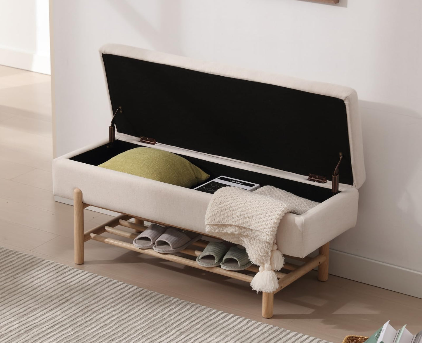 Shunzhi Modern Entryway Bench Upholstered Flip-Top Shoe Storage Bench Linen Fabric Ottoman Bench End of Bed Bench with Wood Frame/Shelf for Living Room/Bedroom/Hallway,45.25 Inches, Beige