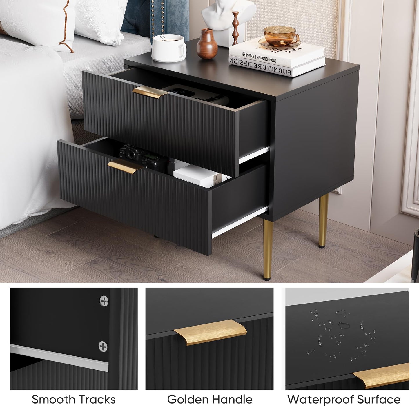 Algherohein Black Nightstand for Bedroom, Fluted Night Stand, End Table for Living Room, Mid Century Modern Bedside Table with Drawers, Bed Side Table with Gold Metal Legs, Bedroom Furniture Stripe