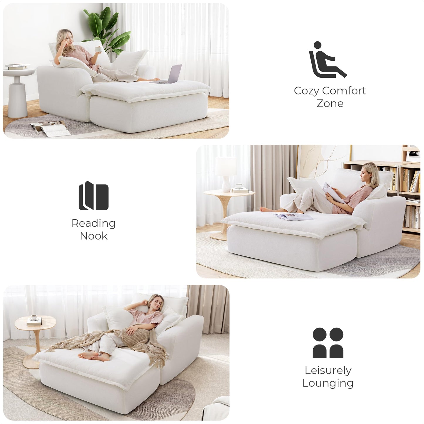 LIKIMIO 50" Oversized Chaise Lounge Sofa Bed, Recliner Chair with Ottoman for Living Room, Small Space, Cloud Comfort, Chenille Upholstered, White