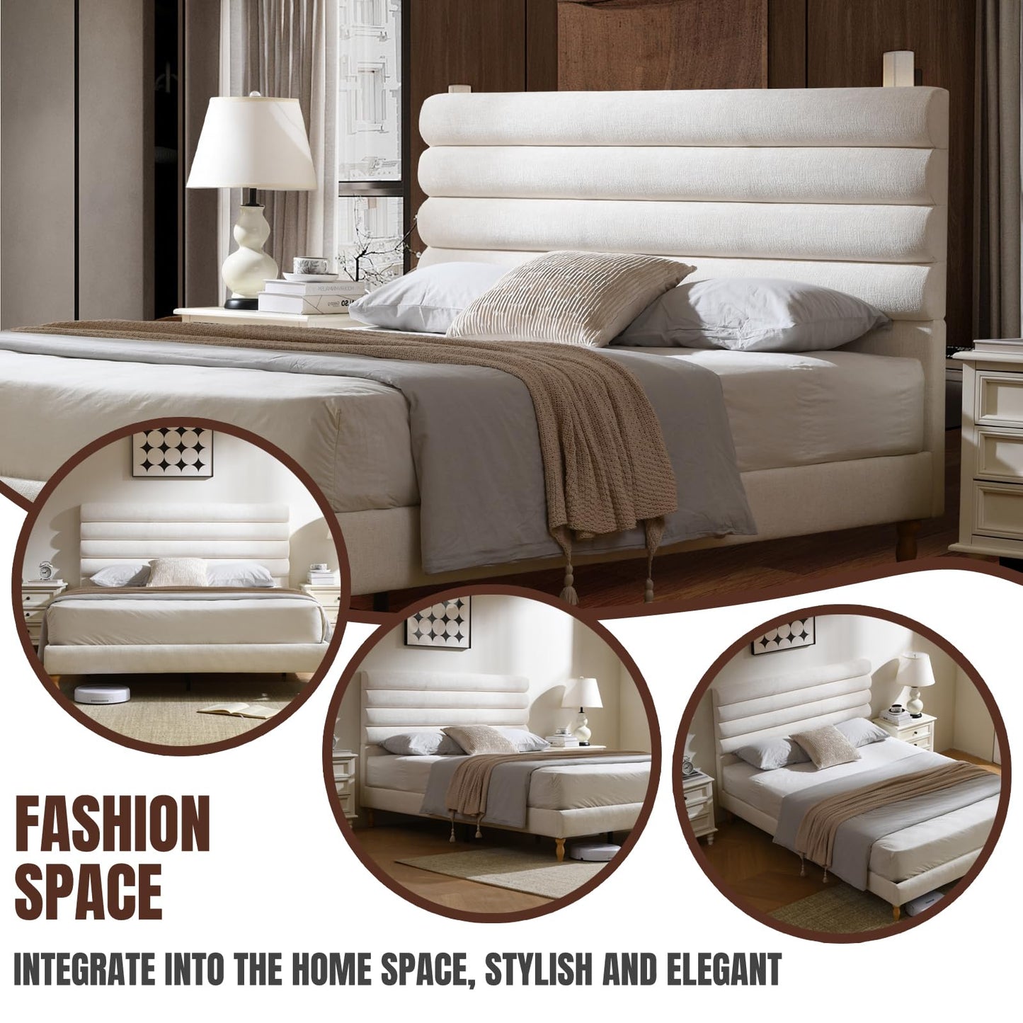 PINJU Queen Size Upholstered Bed Frame with Roundwood Stacked Headboard, Solid Wood Feet, No Noise, Wooden Slat Support, No Spring Mattress Required, Easy to Assemble（White, Queen）