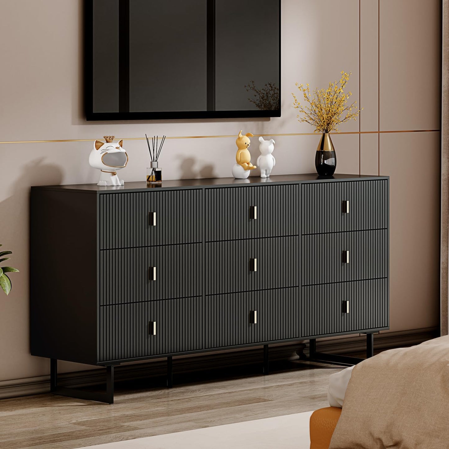 Chrangmay Modern Chest of Drawers with 9 Drawers,Deep Drawers,Clothes Organizer,Large Storage Cabinet for Living Room, Bedroom,Hallway,with Anti-Tipping Device,Matte Black