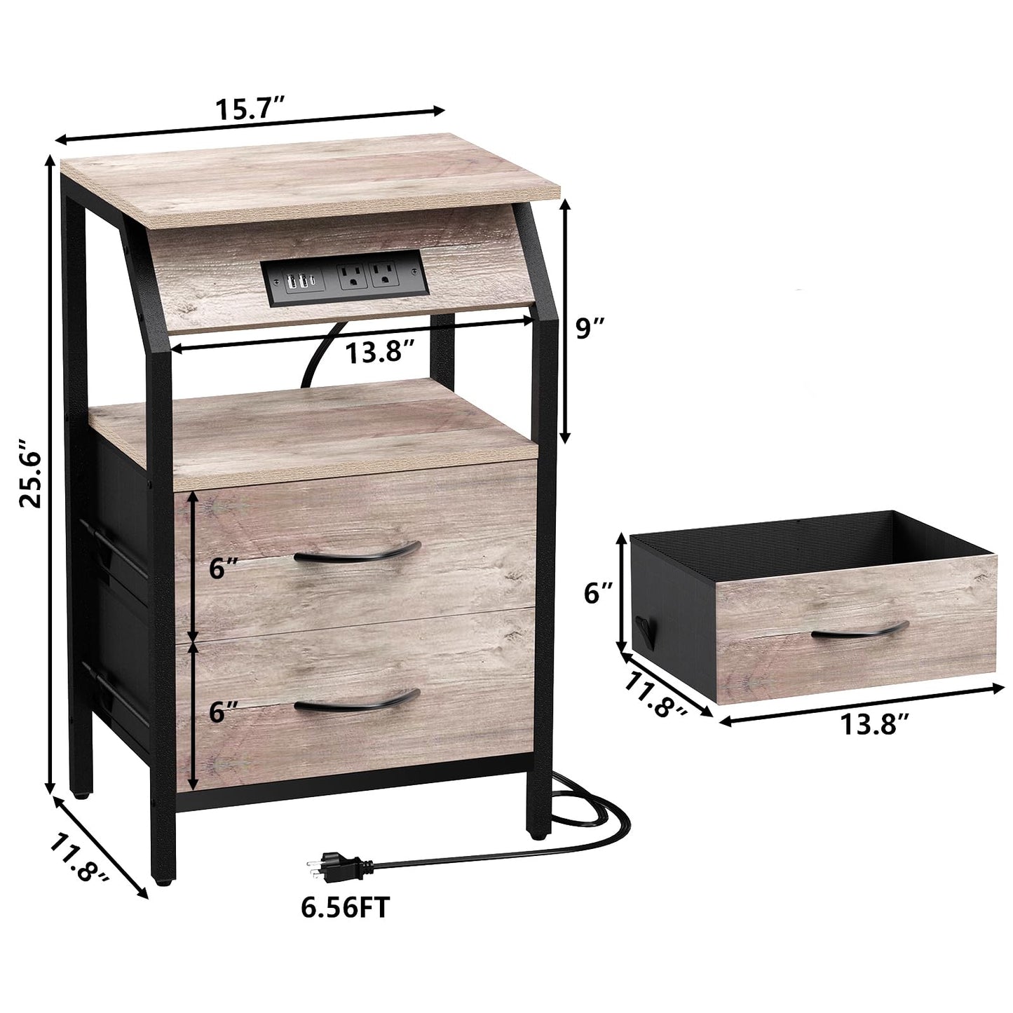 Storage End Table, Charging Nightstand with 2 Drawers, Small Fabric Dresser for Bedside, Wood and Metal Side Table for Living Room, Dorm, Grey Oak