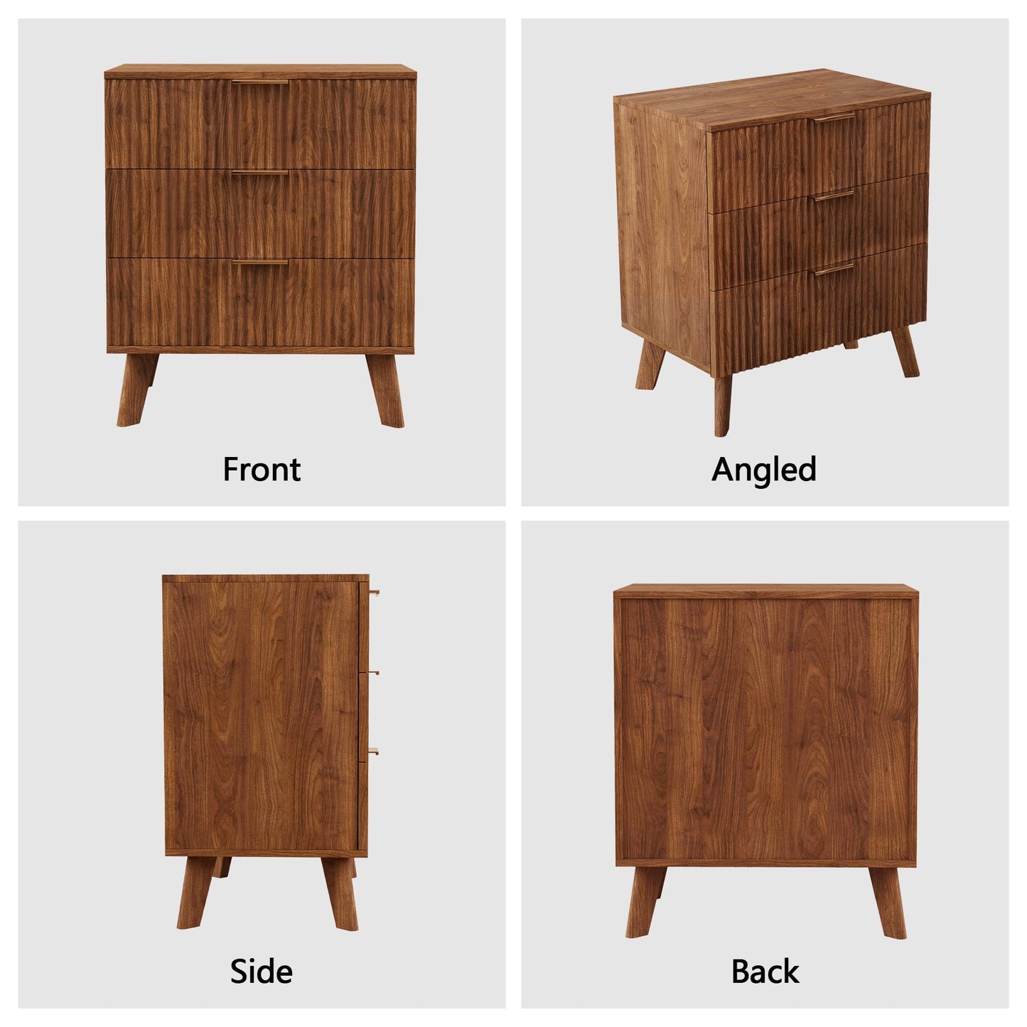 XUZENEST Fluted 3 Drawer Dressers, Modern Closet Dressers Chest of Drawers, Wood Storage Dresser Chest of Drawers Organizer for Bedroom Living Room Hallway Closet, Walnut, 2 Sets
