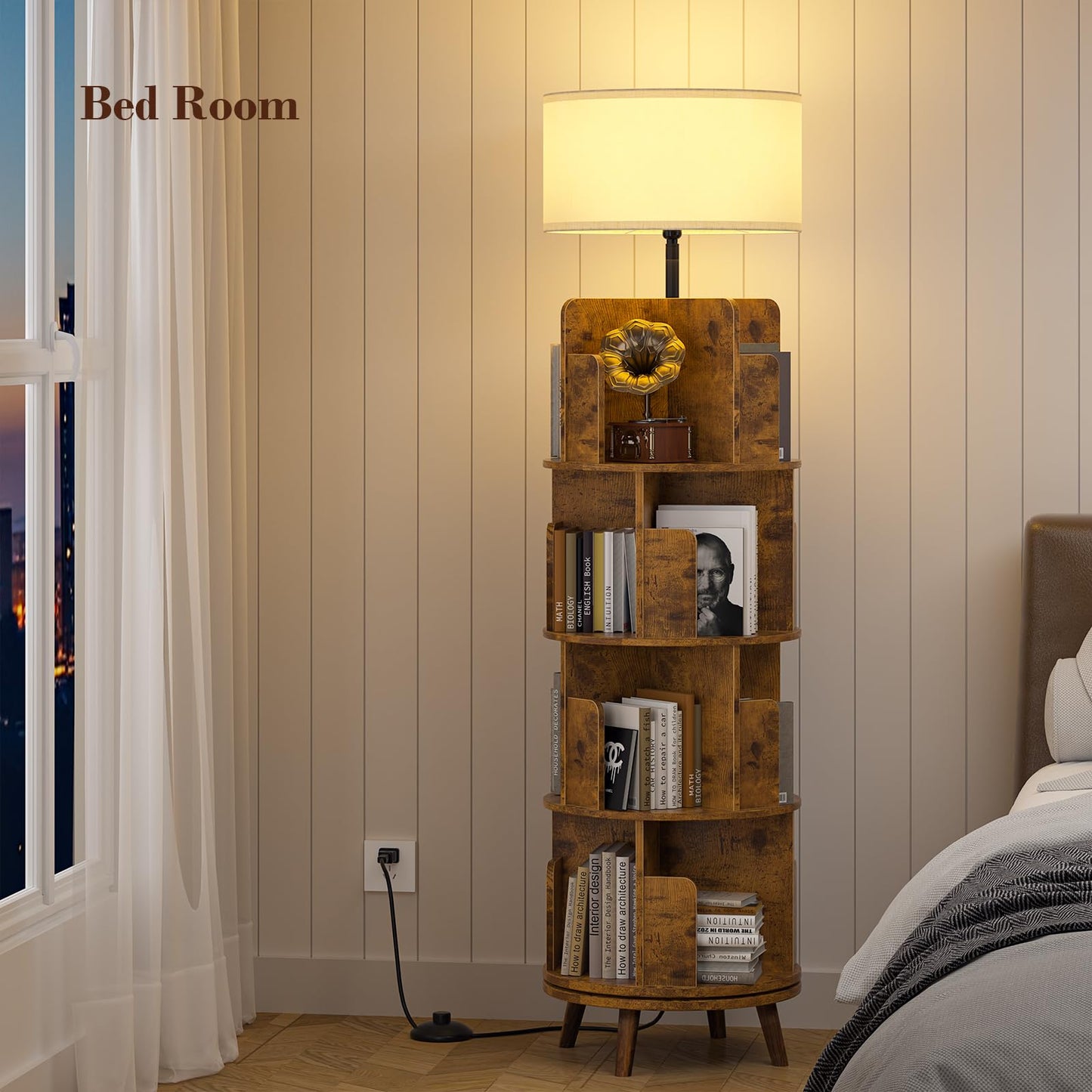 TVU Rotating Bookshelf with Light, 360 Degree Spinning Book Shelf Tower, 4-Tier Circular Bookcase for Small Spaces, Fits Any Corner, for Study、Living Room、Bedroom、Office, Flame Finish