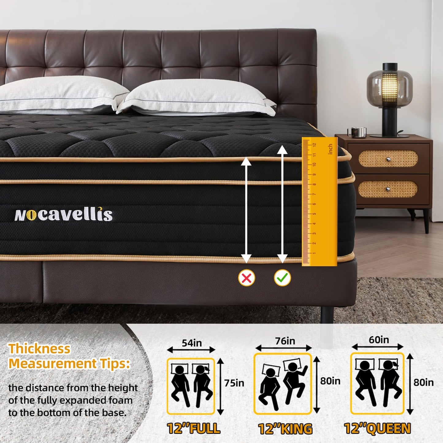 Nocavellis Queen Mattress 12 Inch, Queen Size Mattresses in a Box, Cooling Gel Memory Foam, Pressure Relief, Breathable Comfort Soft Bed Hybrid Mattress, Medium Firm Feel