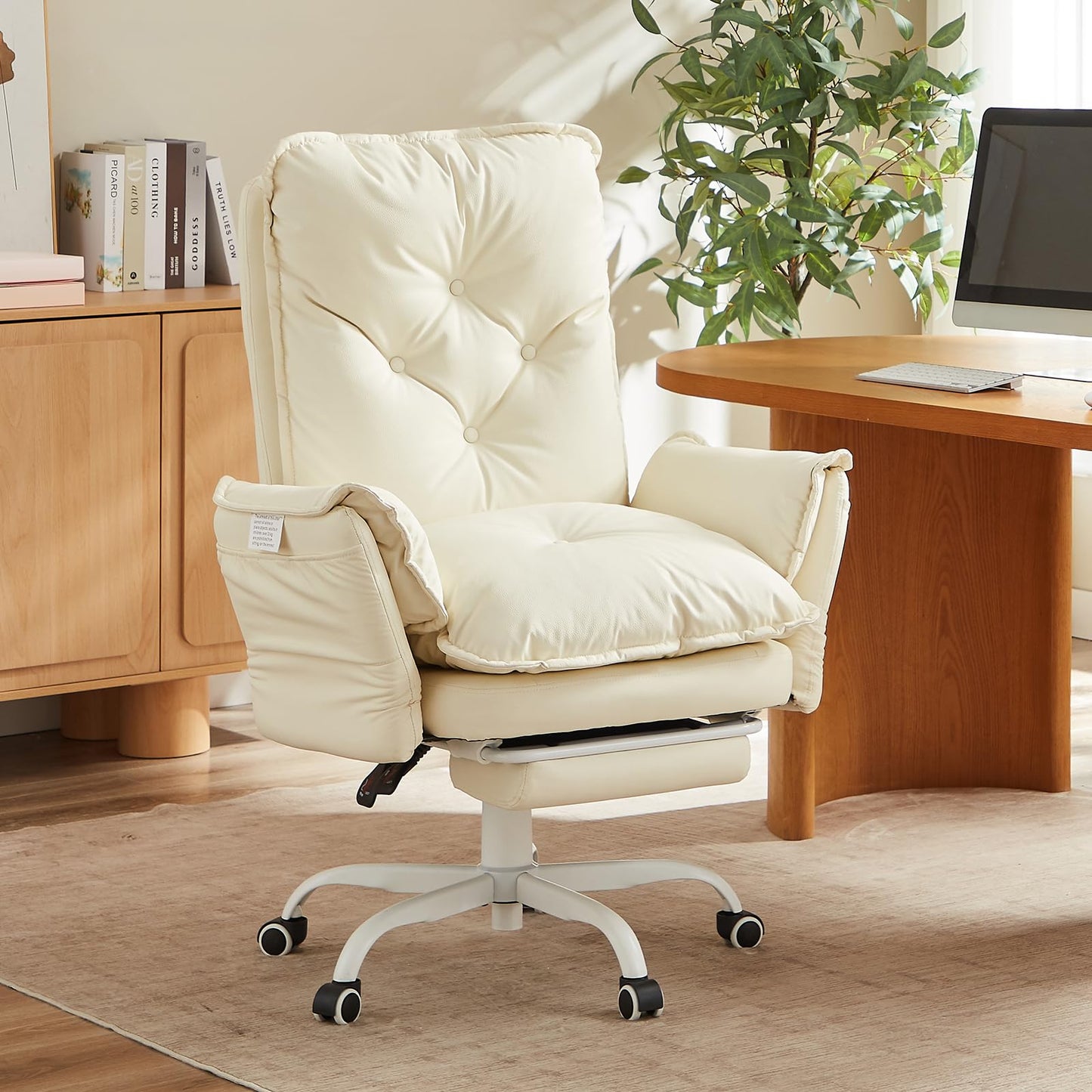 Bestier Criss Cross Chair with Footrest, High Back Cross Legged Office Chair with Flip-up Arms & Wide Seat, 135° Reclining Executive Ergonomic Computer for Working Gaming(Beige, PU Leather)