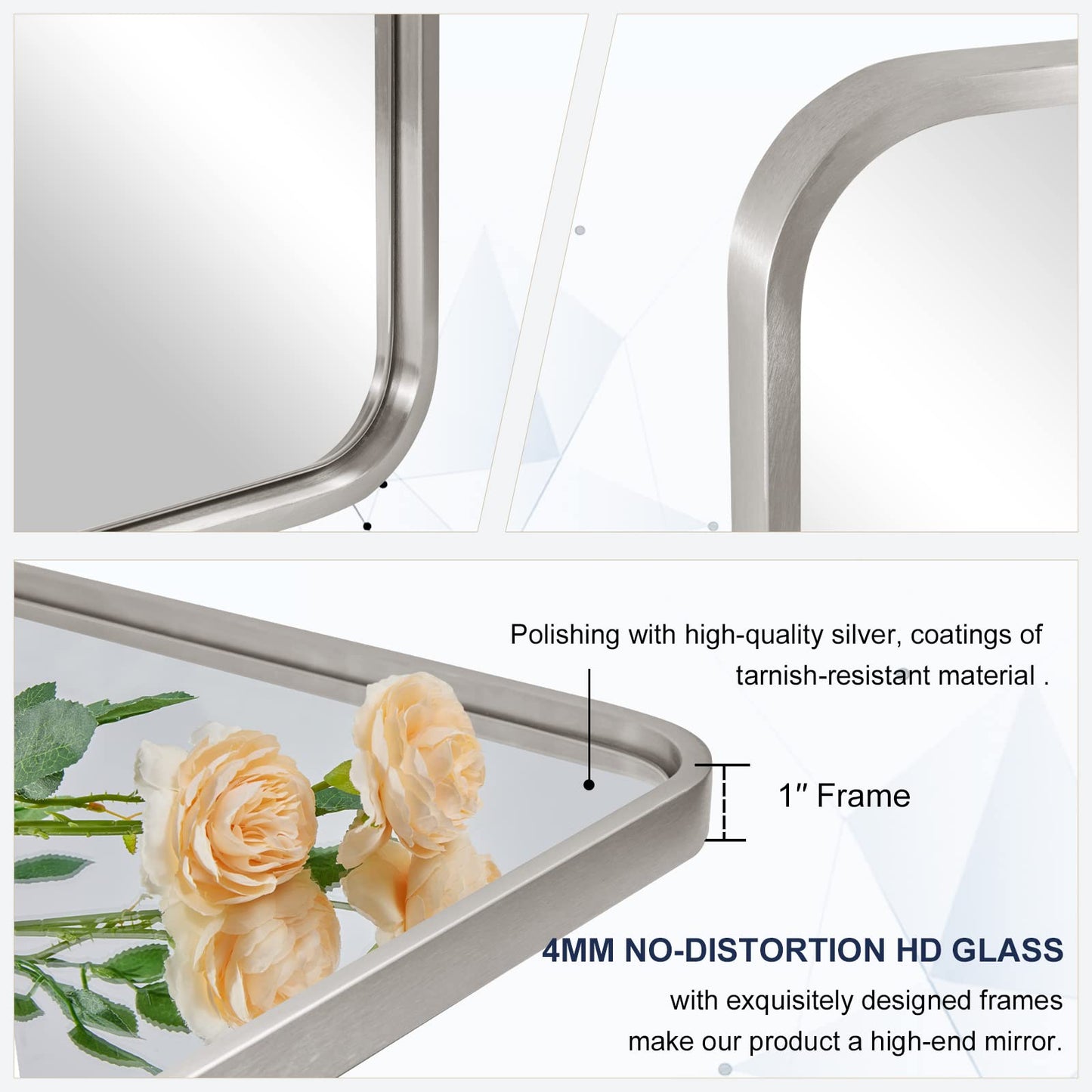 ANDY STAR Brushed Nickel Bathroom Mirror, 22x30'' Rounded Rectangle Modern Vanity Mirror, SUS304 Metal Tube Framed, Rustproof, 1'' Deep, Wall Mounted Vertically/Horizontally