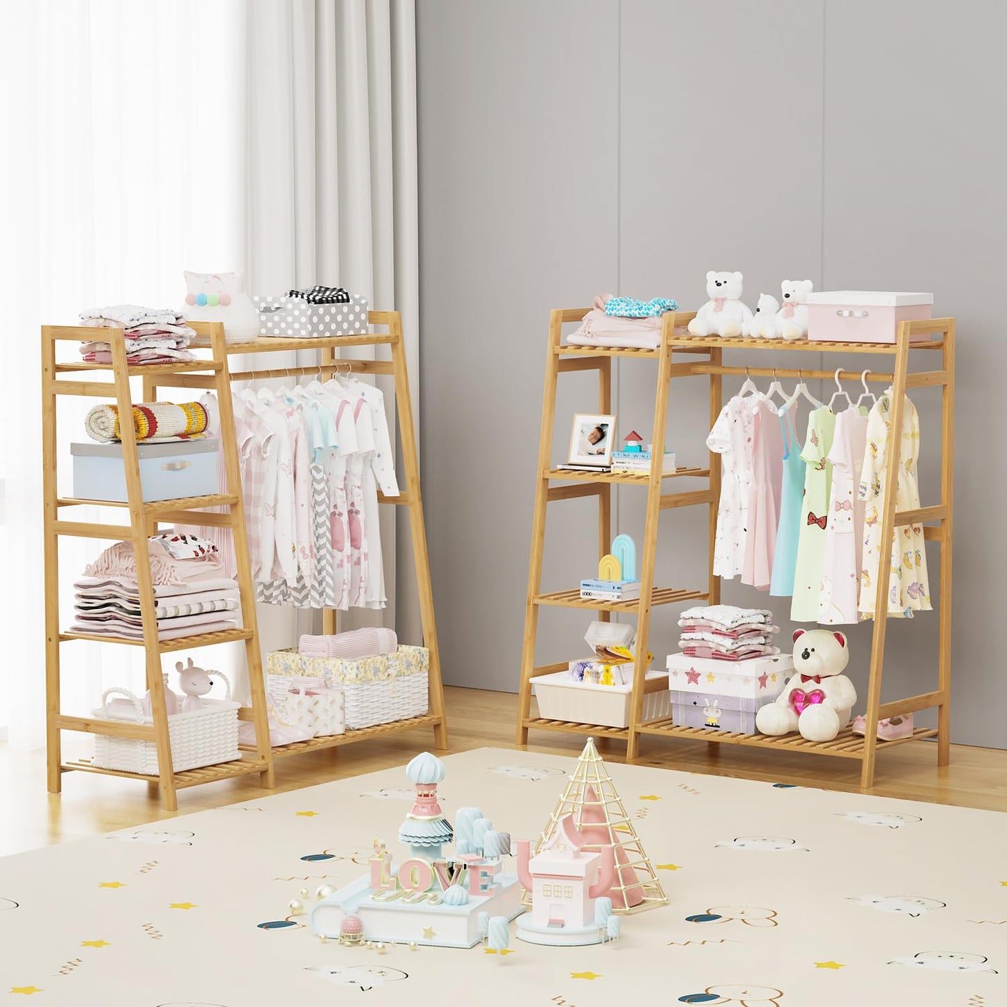 BAMBOOHOMIE Kids Clothing Rack with Shelves, Bamboo Clothes Garment Rack for Kids Child Baby, Kids Dress Up Storage Rack with Top Shelf, Toddlers Wardrobe Closet for Nursery (Medium Size)