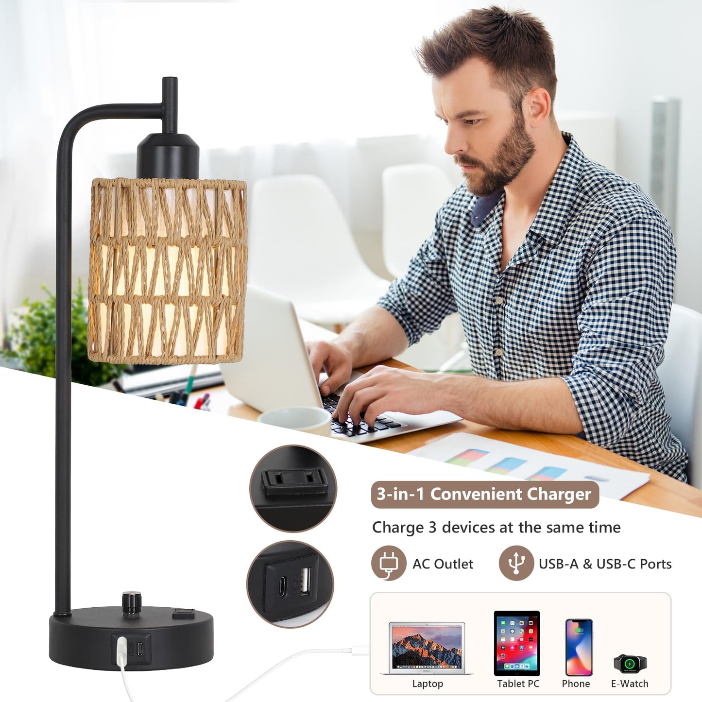 Stepeak Rattan Table Lamps for Living Room Set of 2, Boho Bedside Lamps with LED Bulbs, USB Charging Ports and Outlet, Farmhouse Nightstand Lamp with Woven Shade, Black Desk Lamp for Bedroom Office
